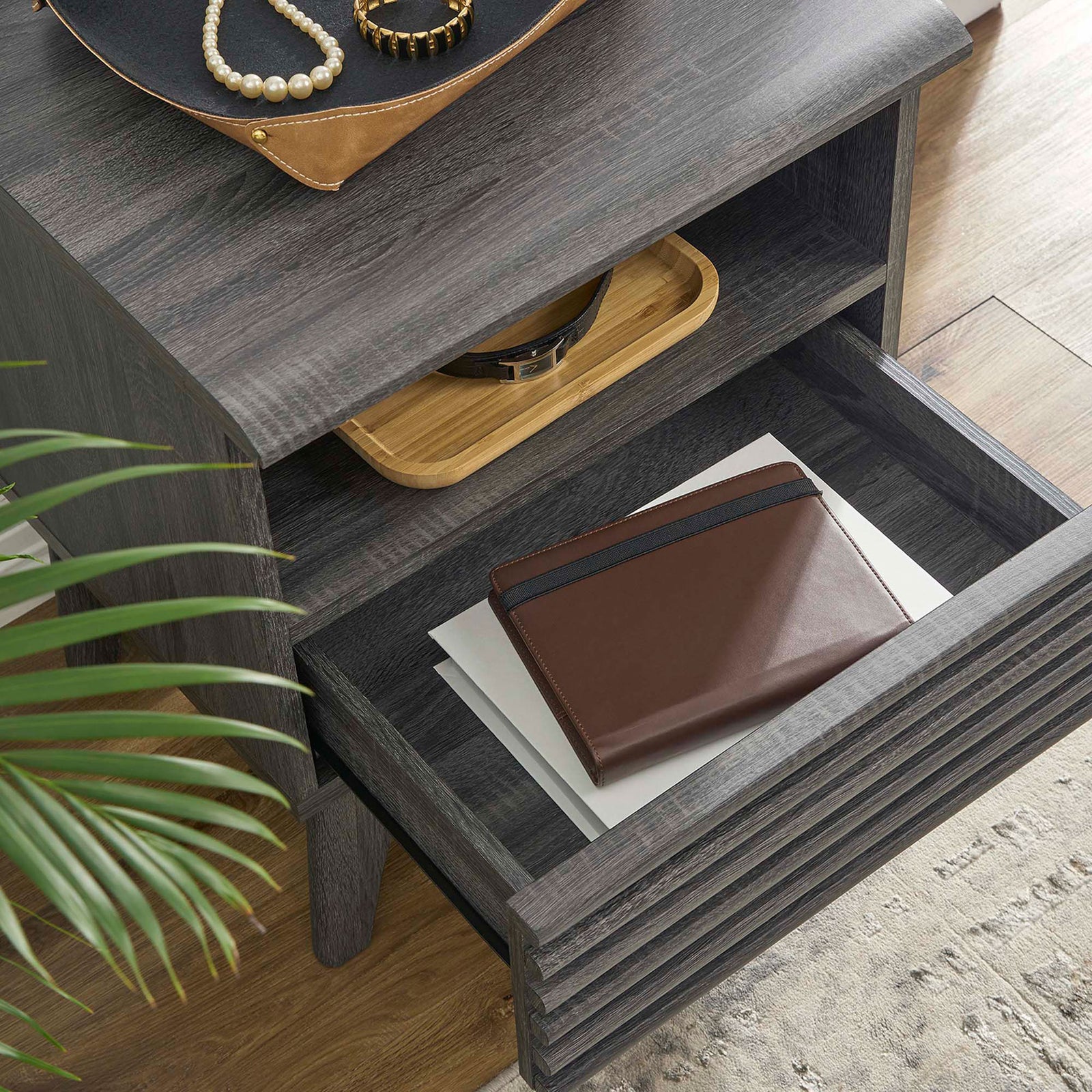 Drawer open to show organized bedside storage with tray and accessories on charcoal nightstand top || MOD-7070-CHA || storage_open_room
