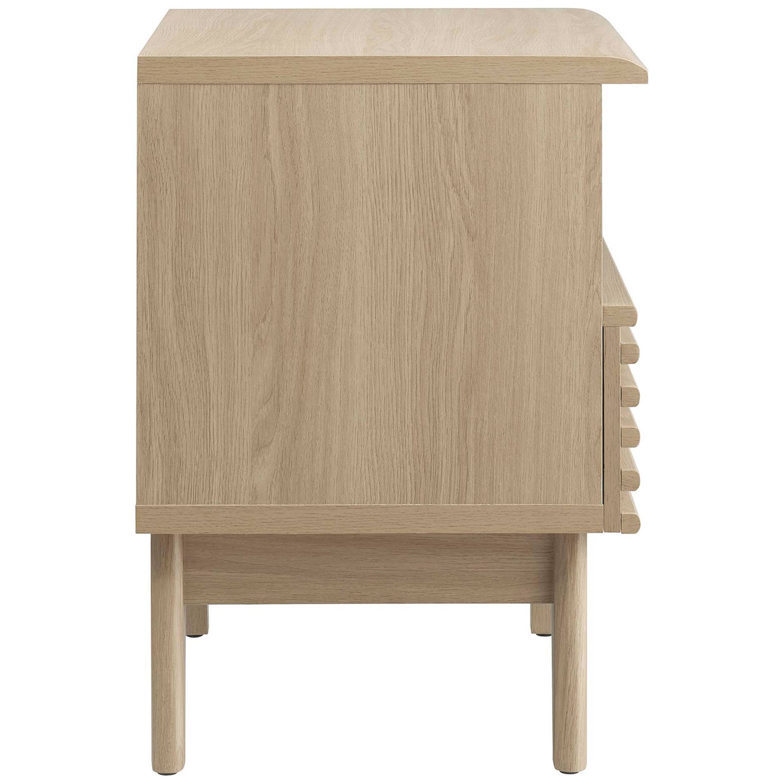 Oak nightstand with smooth side panel, clean lines, and tapered legs in a light wood finish. || MOD-7070-OAK || side_studio