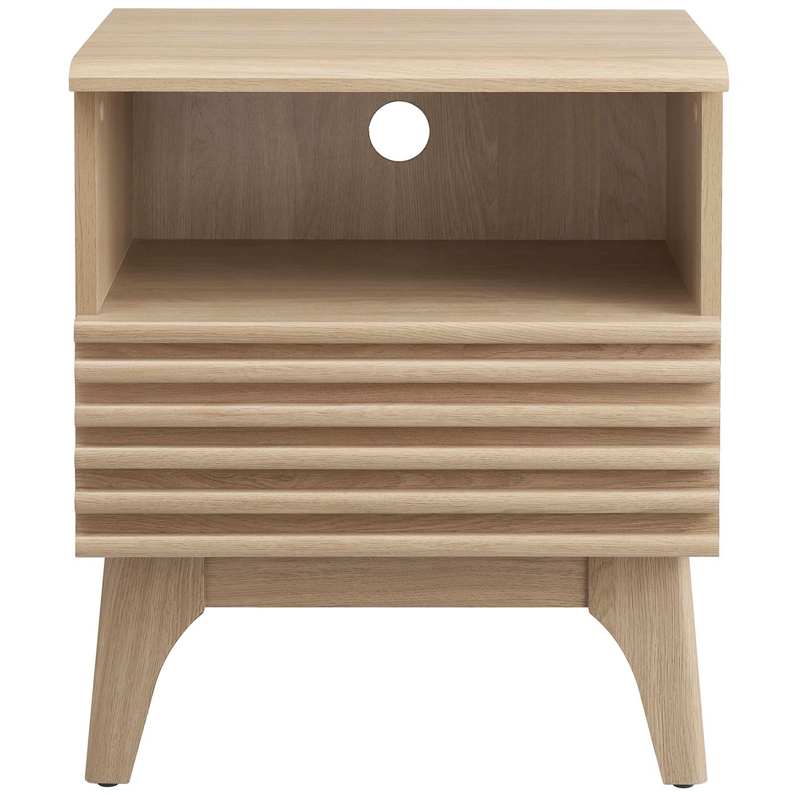 Oak nightstand with slatted drawer panel and open cubby featuring cable management port. || MOD-7070-OAK || front_studio