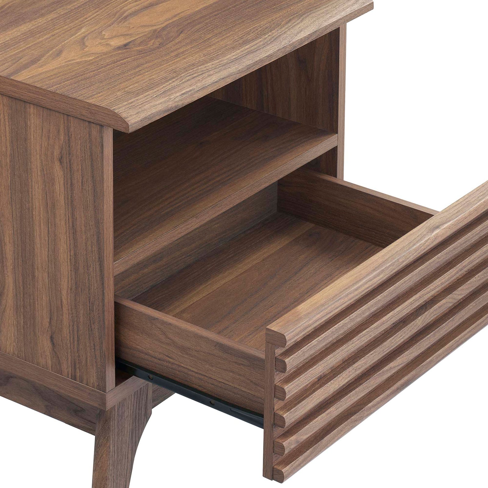 Walnut nightstand with full-extension drawer open to reveal spacious storage and shelf || MOD-7070-WAL || storage_open_studio