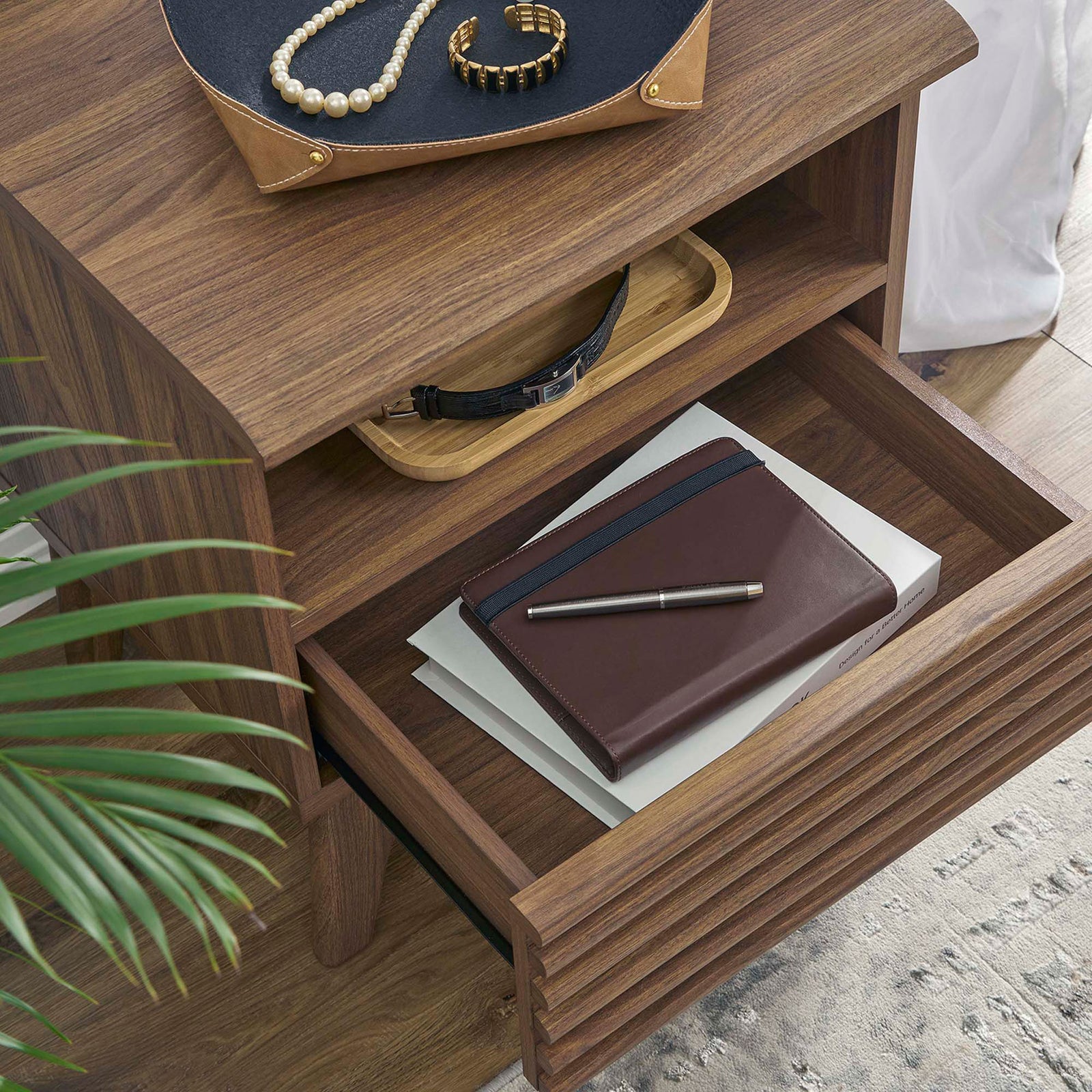 Top view of walnut nightstand with drawer and cubby neatly storing bedside items || MOD-7070-WAL || storage_open_room