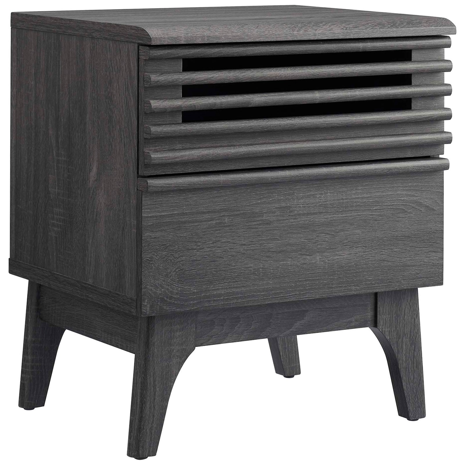 Compact charcoal nightstand showcasing rich wood grain, slatted detail, and sturdy mid-century legs || MOD-7071-CHA || front_angle_studio