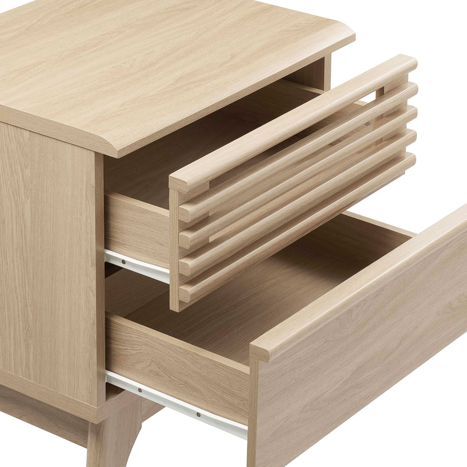 Dual full-extension drawers open to reveal generous storage in a warm oak wood grain finish || MOD-7071-OAK || storage_open_studio