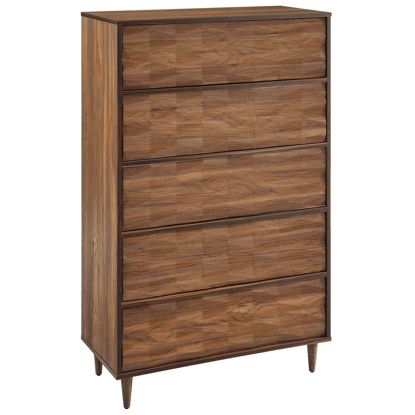 Rich walnut grain and geometric drawer fronts give this Vespera chest a warm, sculptural presence || MOD-7082-WAL || front_angle_studio