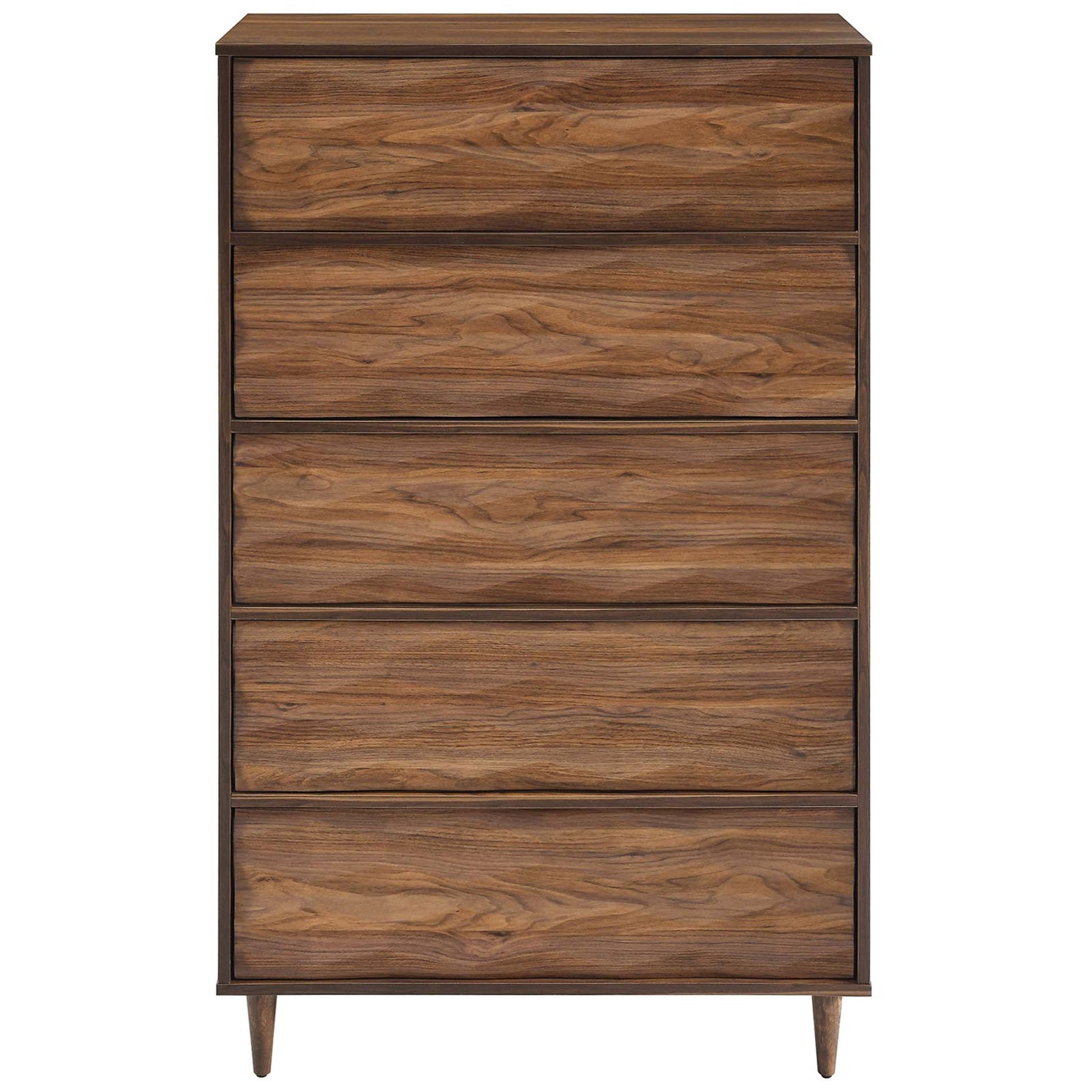 Vespera walnut 5-drawer chest featuring a grooved wave facade and clean mid-century silhouette || MOD-7082-WAL || front_studio