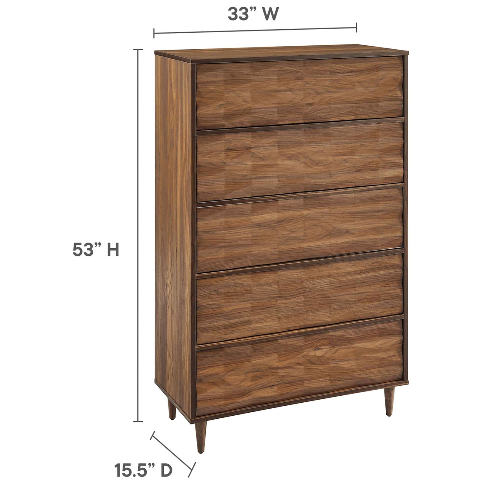 Dimension diagram displays the Vespera chest at 53 inches high, 33 inches wide, and 15.5 inches deep || MOD-7082-WAL || dimension_studio