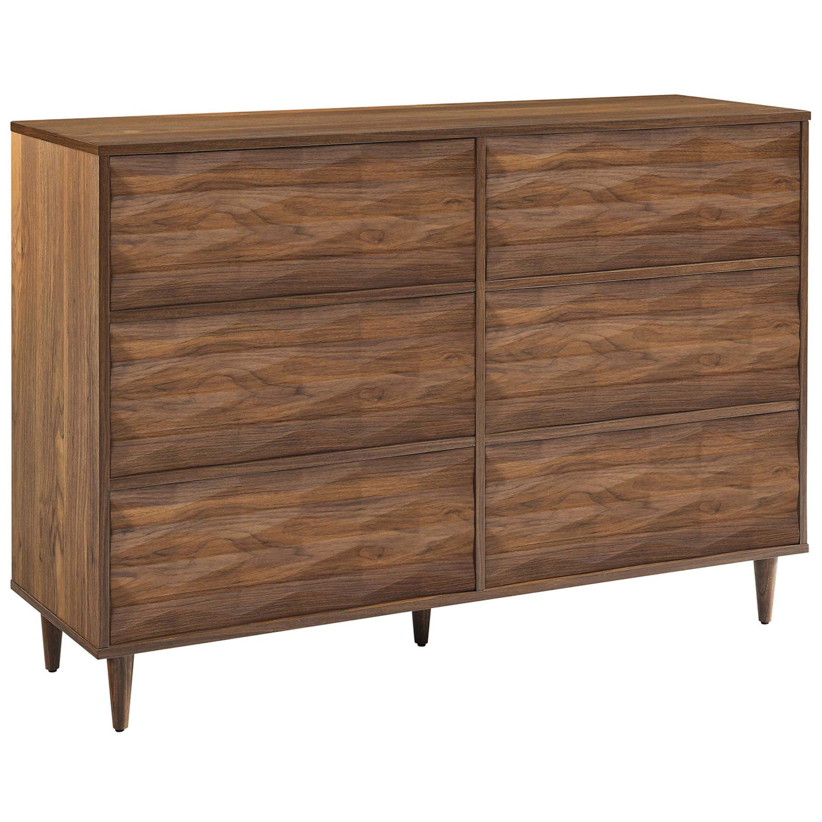 Walnut 6-drawer dresser with sculpted wave fronts and tapered legs for a sleek mid-century look || MOD-7083-WAL || front_angle_studio