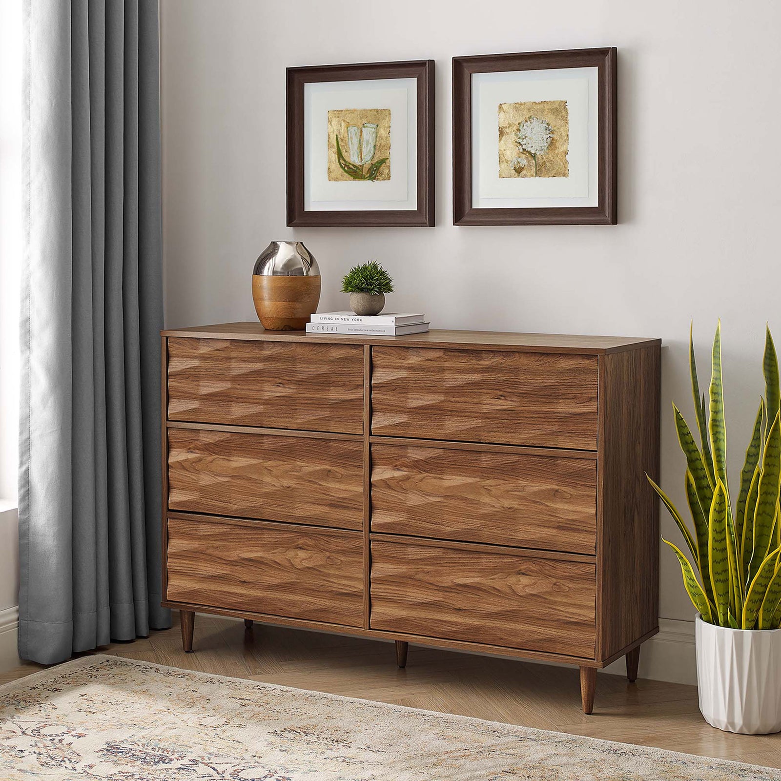 Walnut six-drawer dresser brings warm mid-century style to the bedroom with artful wave-front drawers || MOD-7083-WAL || front_room