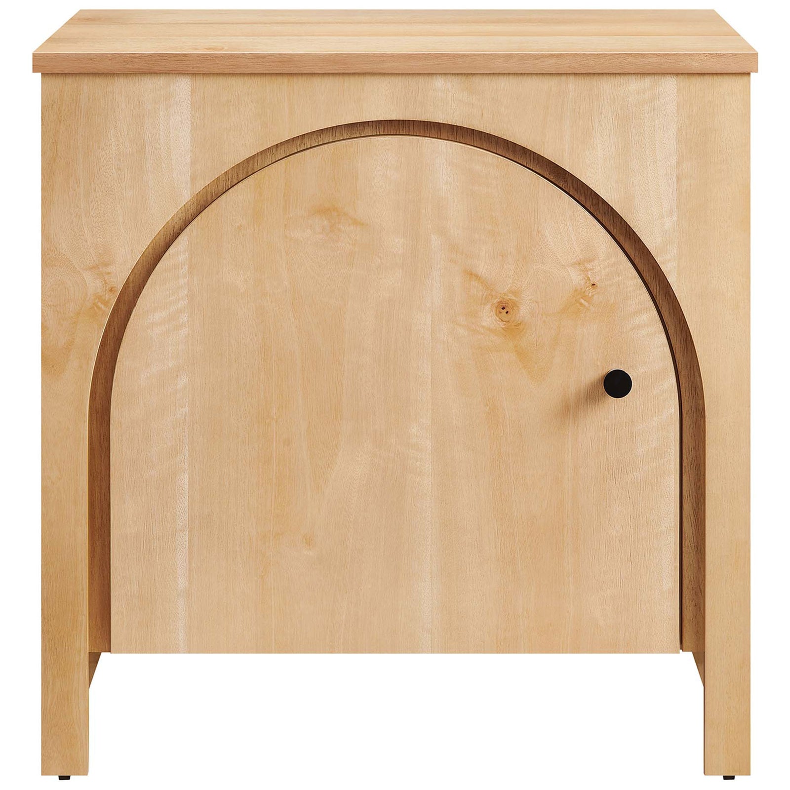 Front view of arched oak nightstand with black knob and softly curved cabinet door. || MOD-7109-OAK || front_studio