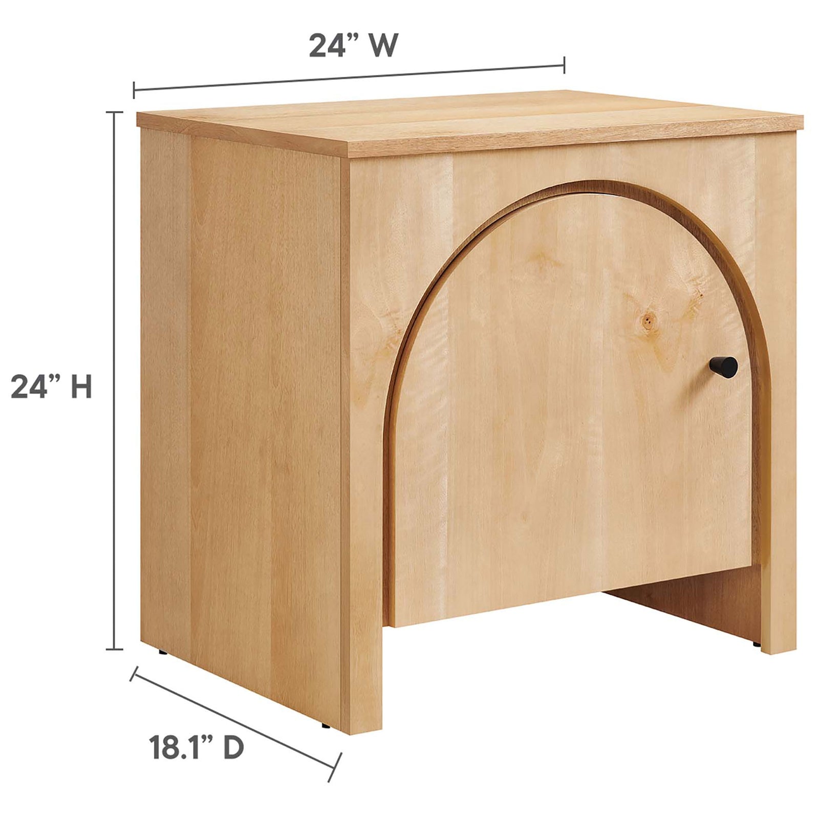 Oak arched nightstand with labeled width, height, and depth dimensions for easy planning. || MOD-7109-OAK || dimension_studio