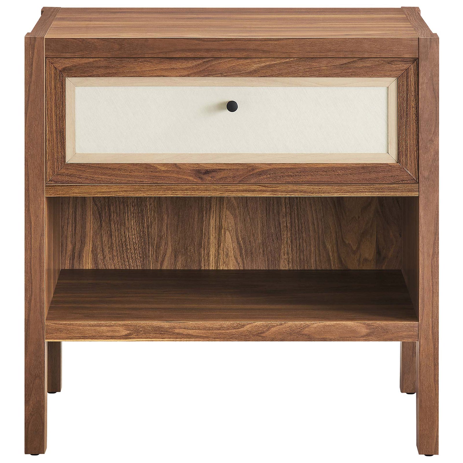 Modern walnut nightstand with framed cream drawer front and spacious open cubby || MOD-7118-WAL || front_studio