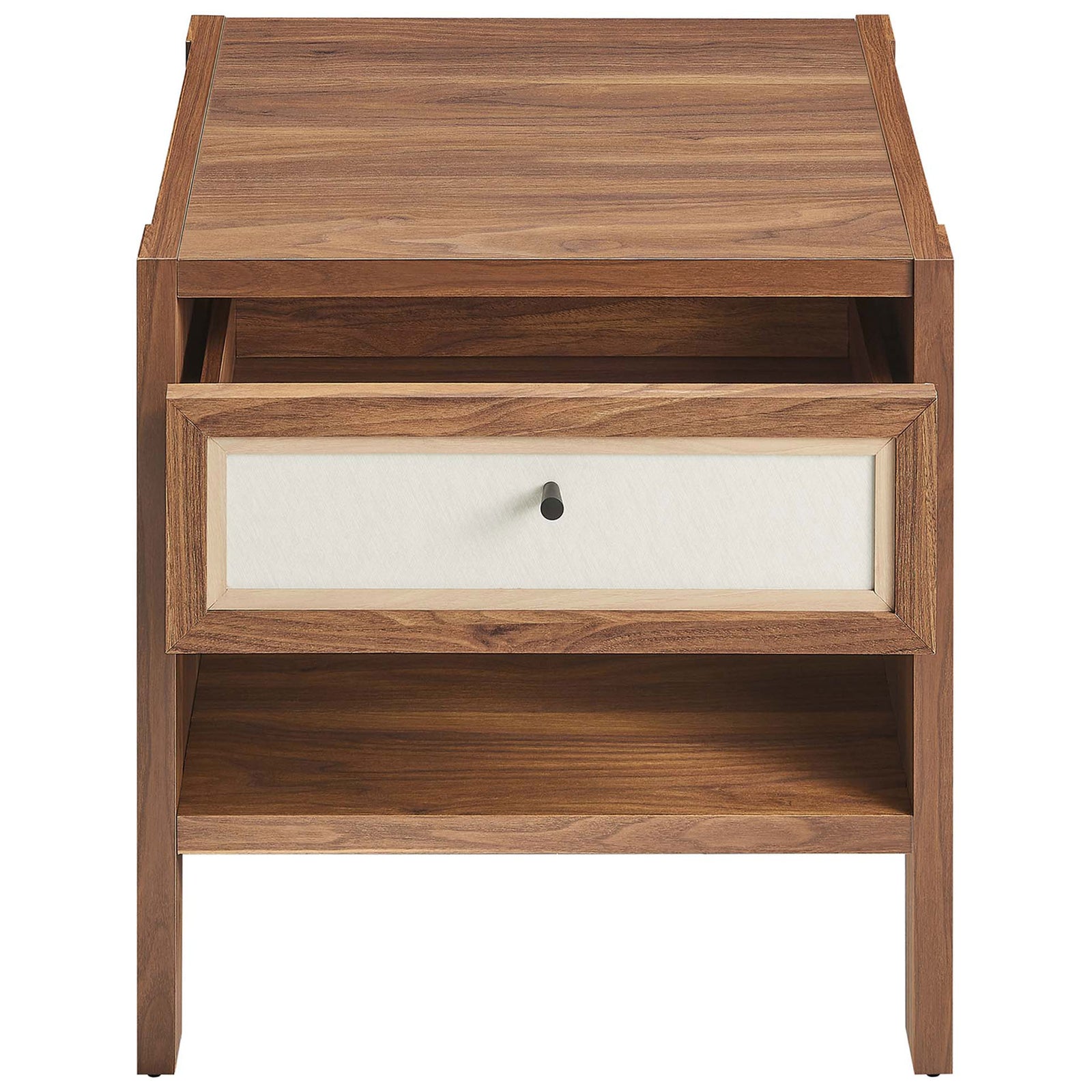 Walnut nightstand with linen-textured drawer smoothly gliding open above an open shelf || MOD-7118-WAL || front_angle_open_studio