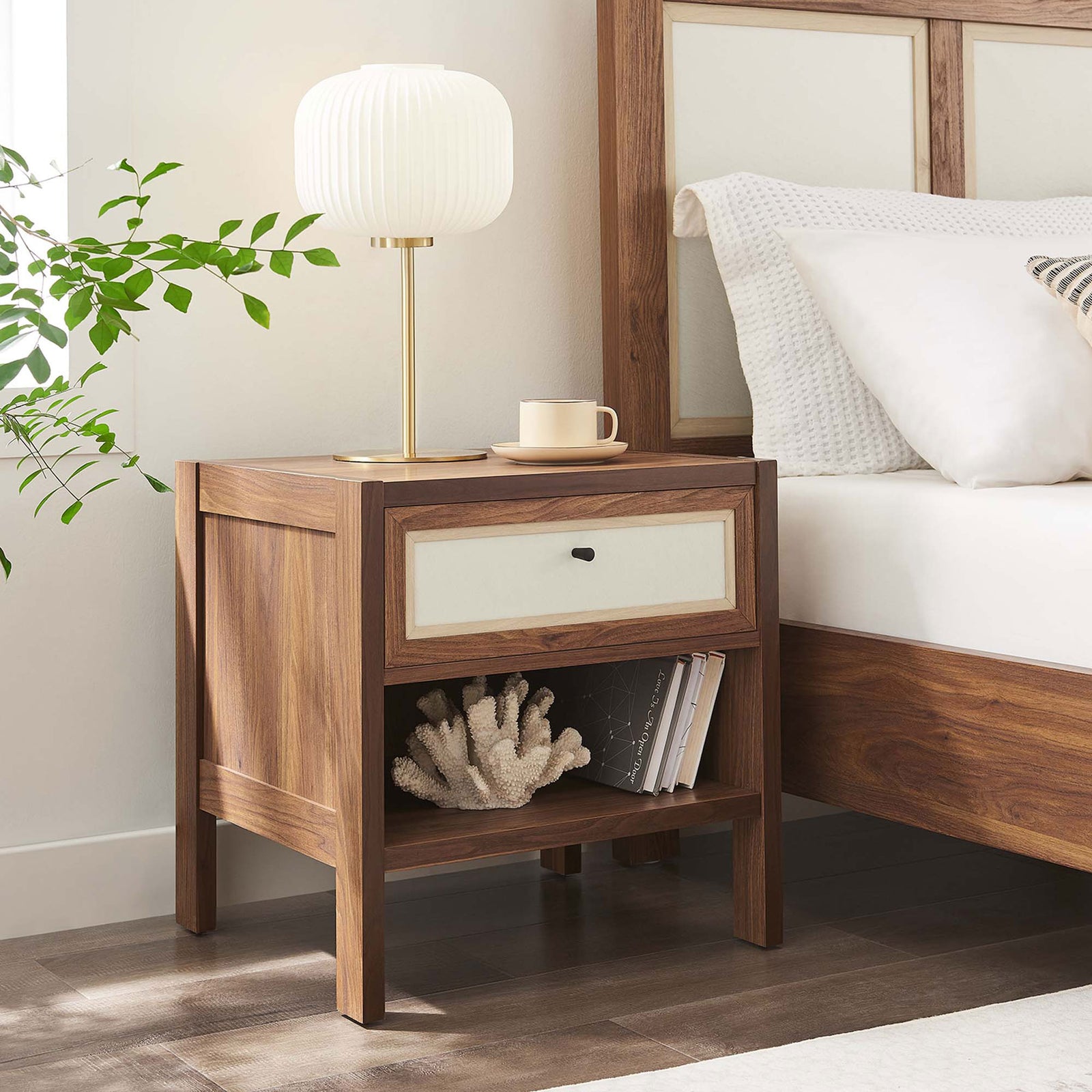 Capri walnut nightstand beside bed styled with lamp, cup, and decor on the open shelf || MOD-7118-WAL || front_angle_room