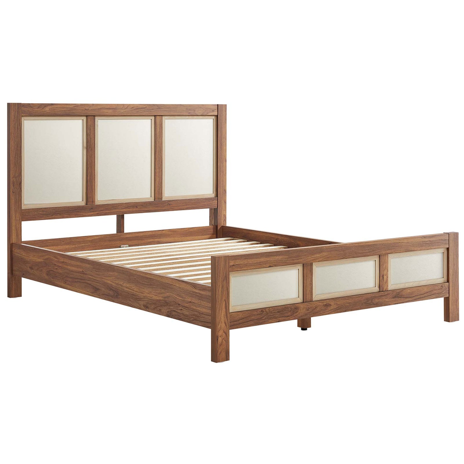 Open frame shows LVL wood slats and three-panel linen accents in a warm walnut grain || MOD-7119-WAL || front_angle_studio