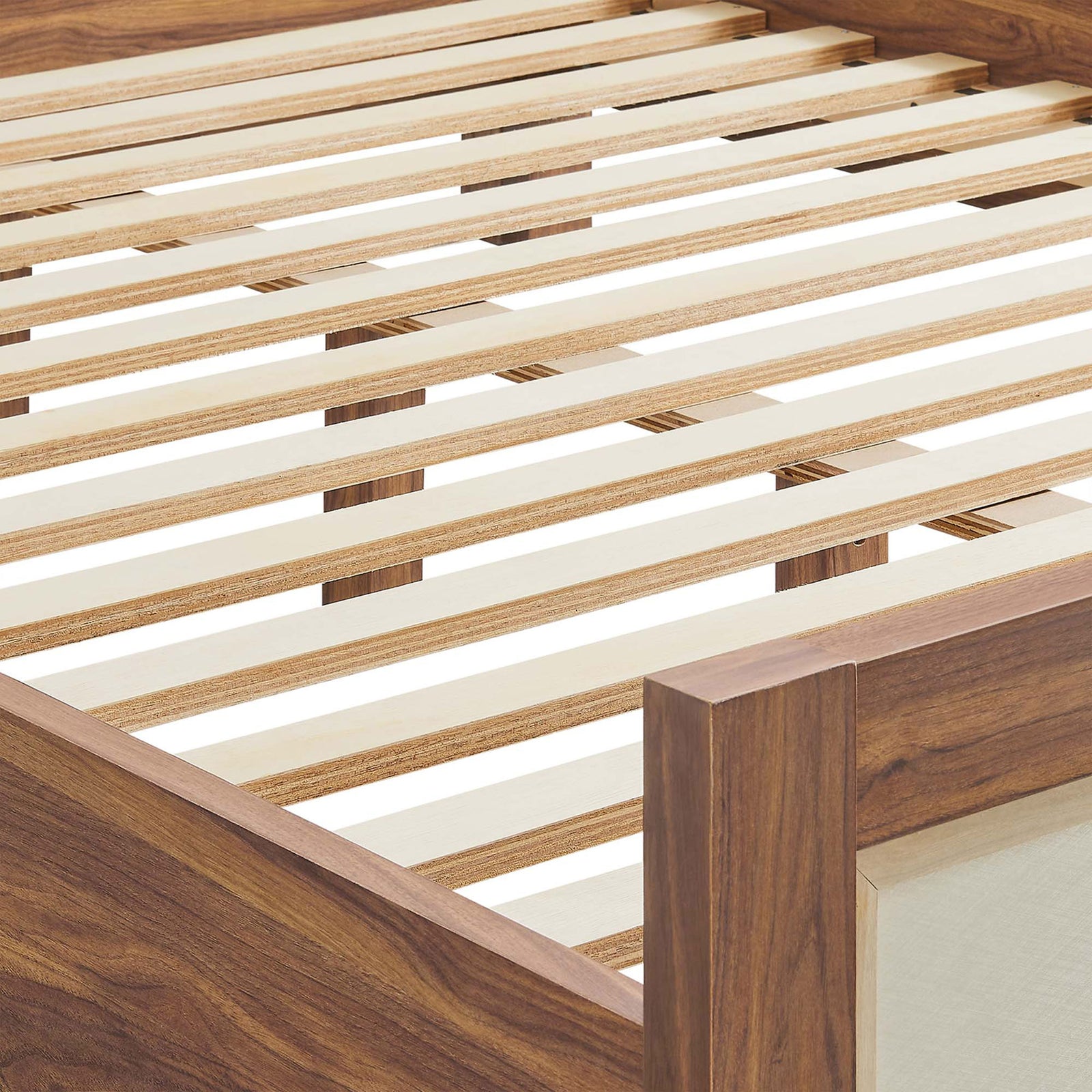 Durable LVL slats provide strong mattress support within the walnut frame || MOD-7119-WAL || detail_studio