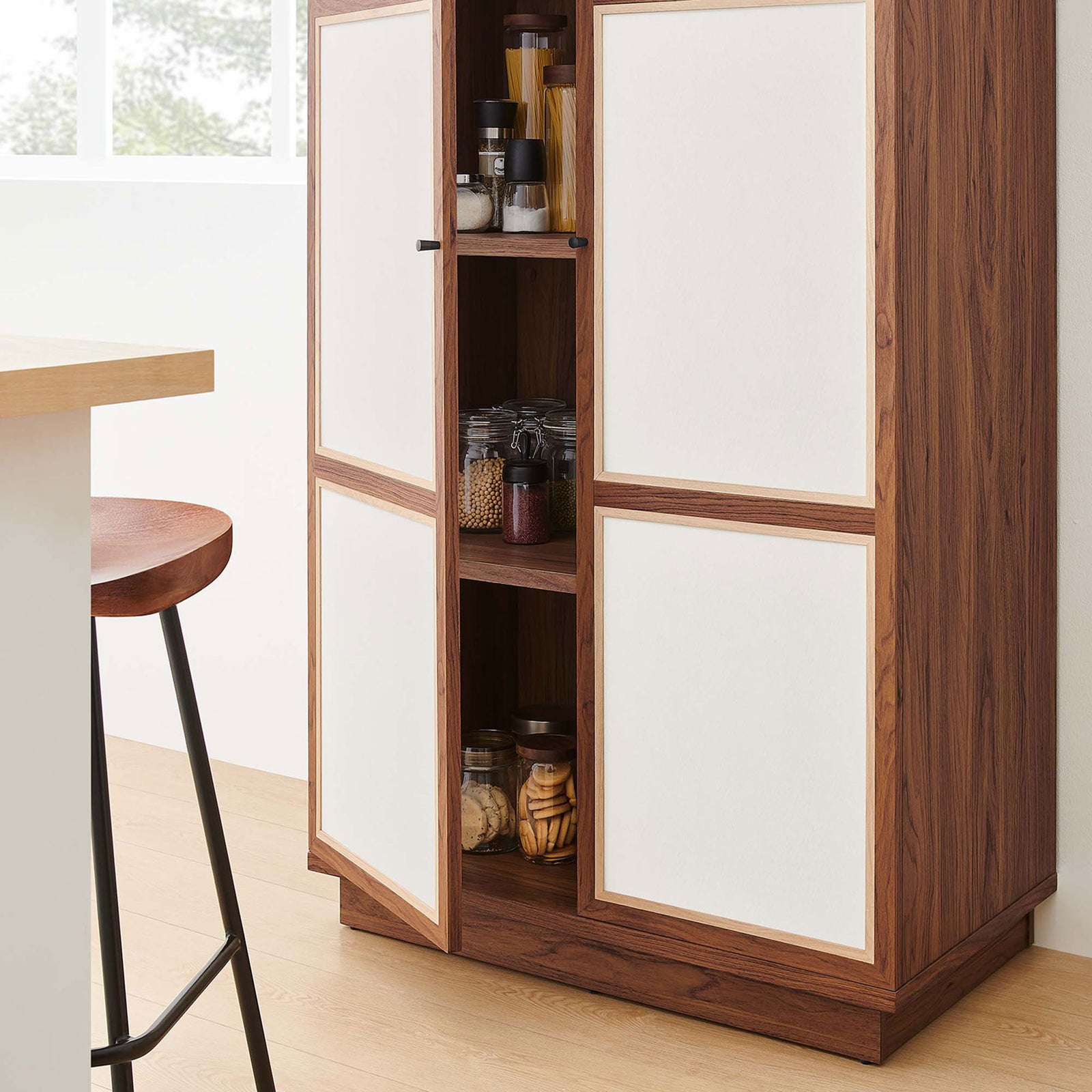 Lower cabinet compartment shown stocked with jars and canisters for organized pantry storage || MOD-7156-WAL || storage_open_room