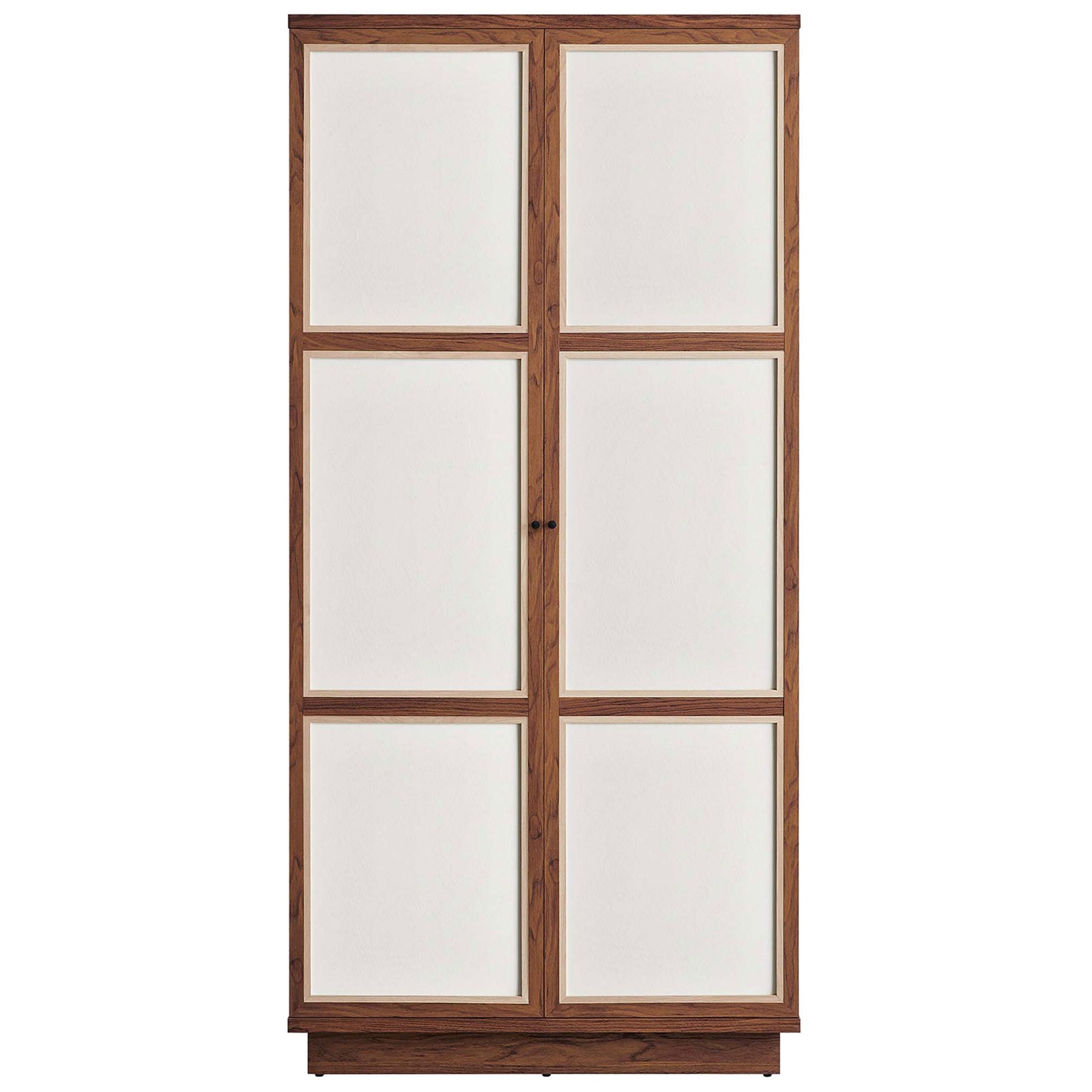 Tall Capri wardrobe cabinet with six linen-textured panels and warm walnut wood grain finish || MOD-7156-WAL || front_studio