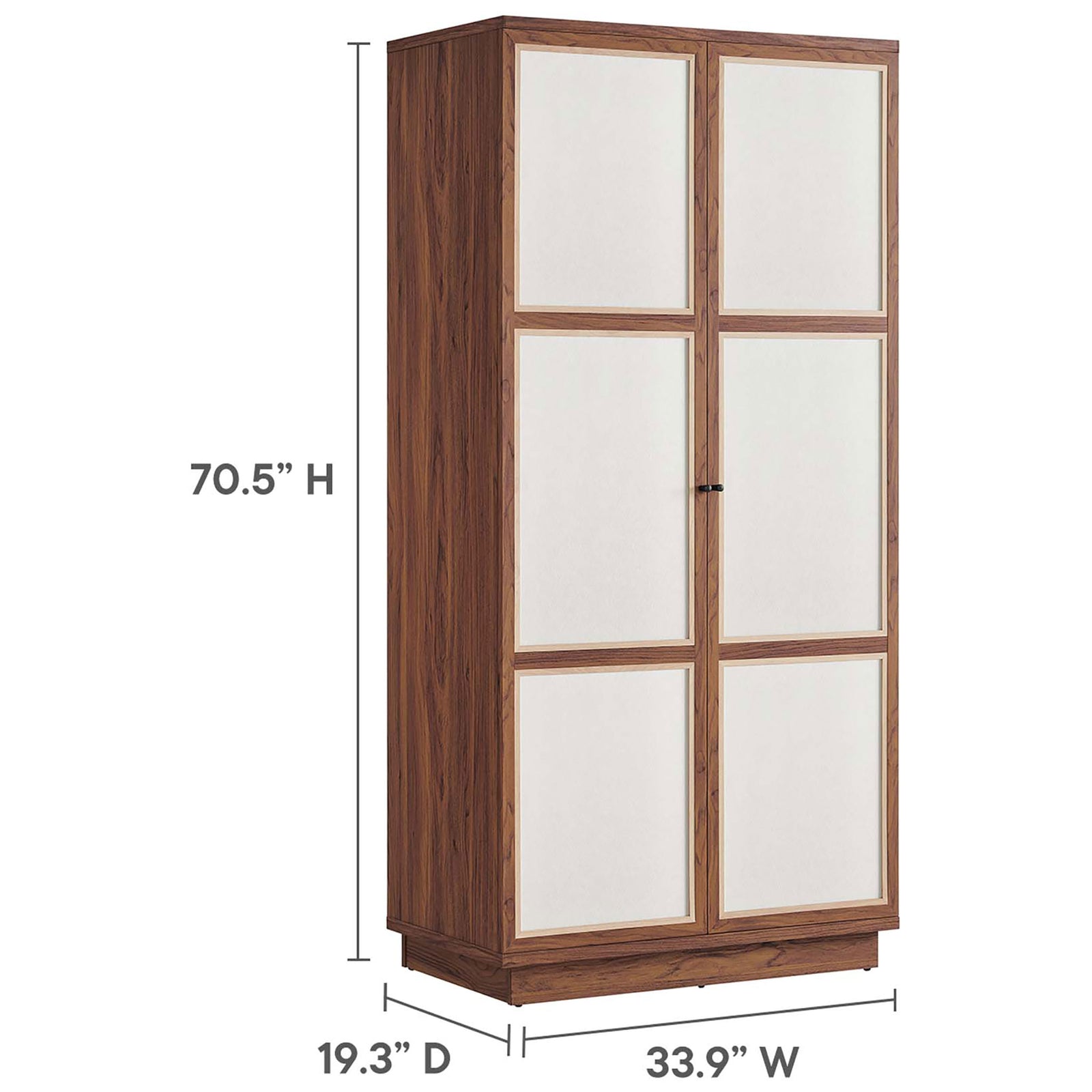 Dimension view of Capri wardrobe showing 70.5 inch height, 33.9 inch width, and 19.3 inch depth || MOD-7156-WAL || dimension_studio