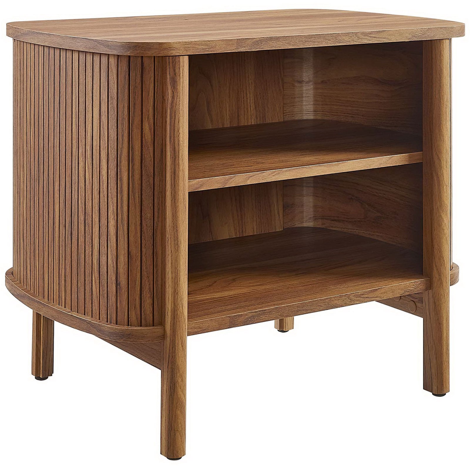 Walnut open nightstand with fluted sides and two spacious shelves for books and decor || MOD-7157-WAL || front_angle_studio