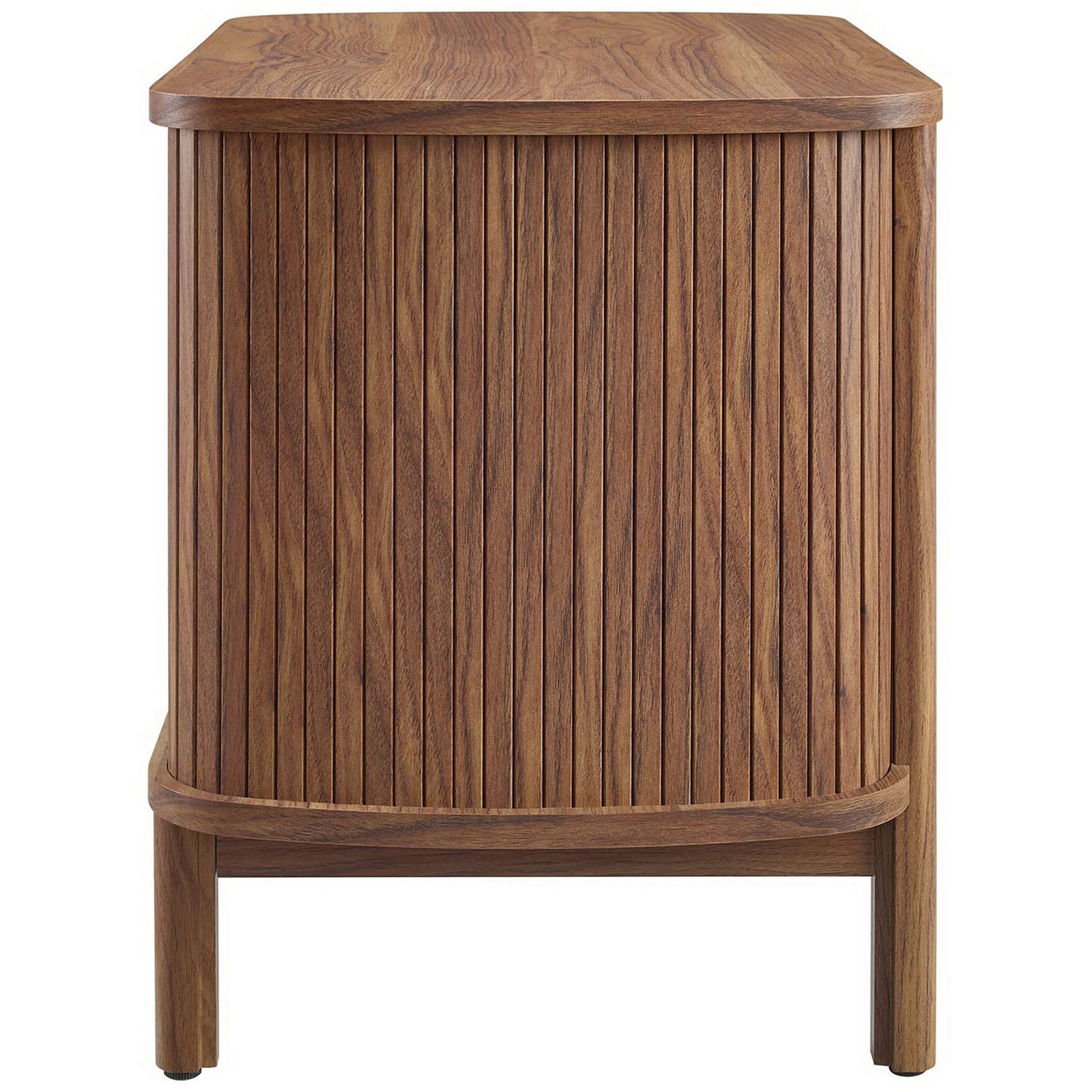 Curved walnut nightstand showcasing vertical fluted paneling and slim rounded legs || MOD-7157-WAL || side_studio