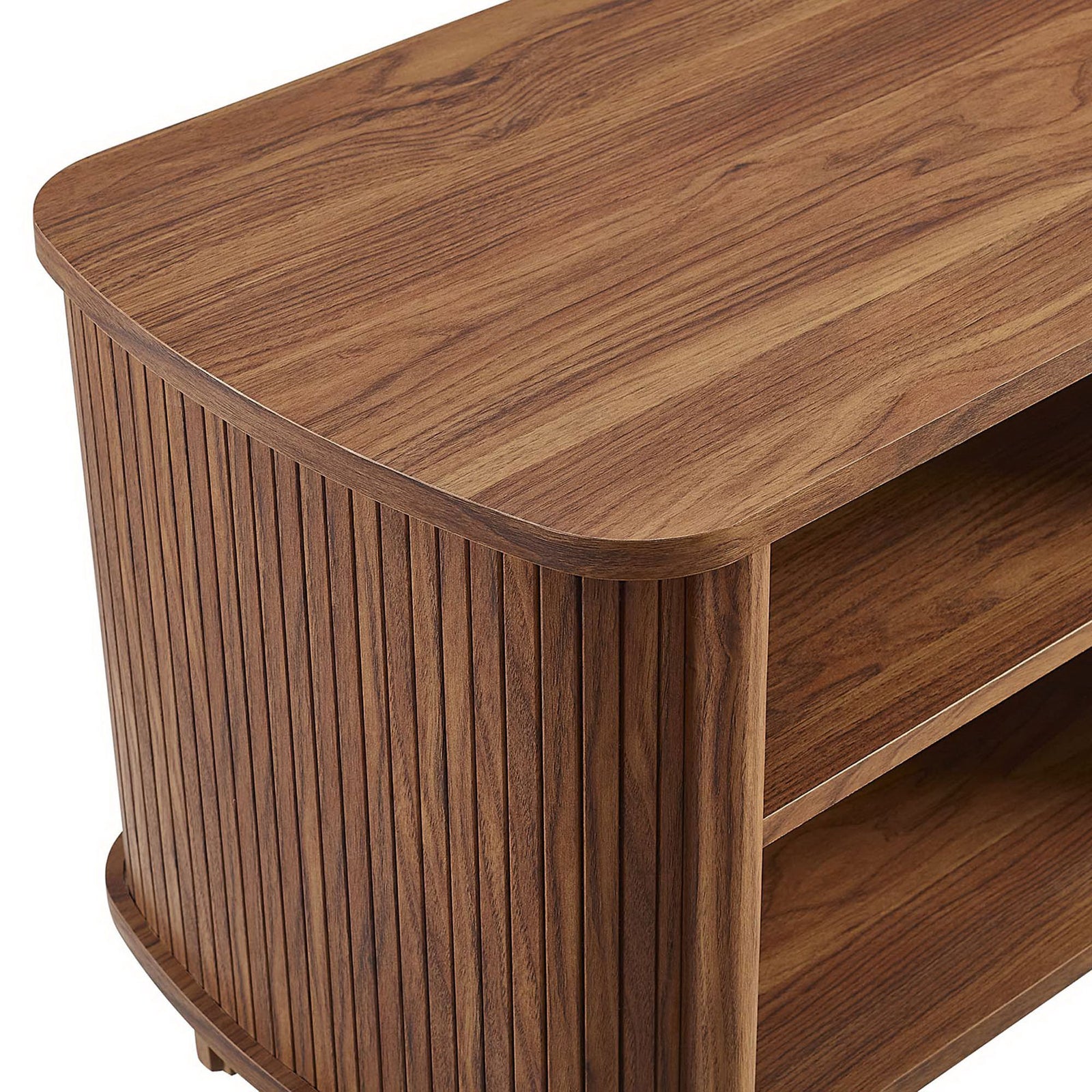 Close-up of the walnut wood grain and fluted corner detailing on the Cadence nightstand || MOD-7157-WAL || detail_studio