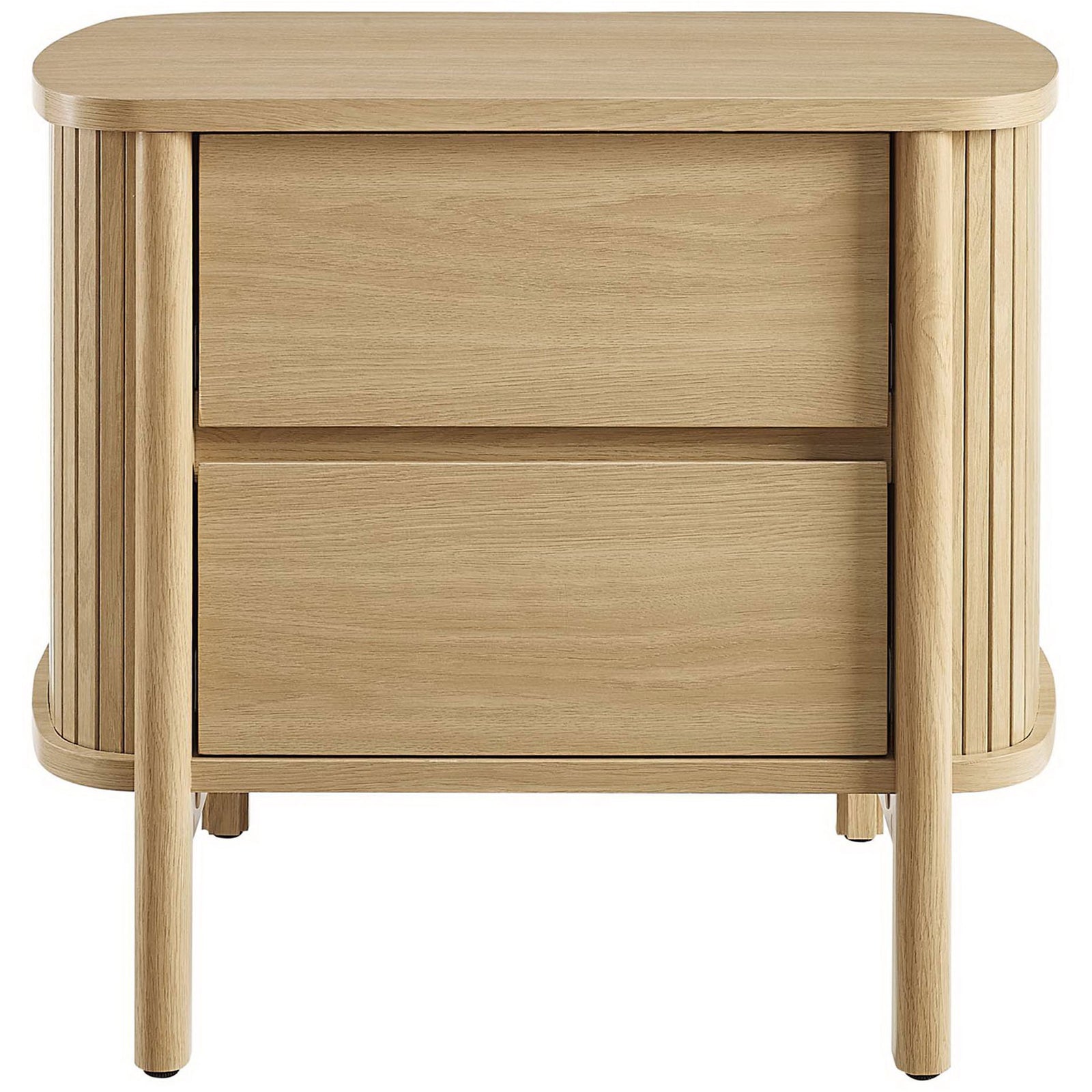 Cadence 2-drawer oak nightstand with rounded corners and fluted sides for a soft, modern bedroom look. || MOD-7158-OAK || front_studio