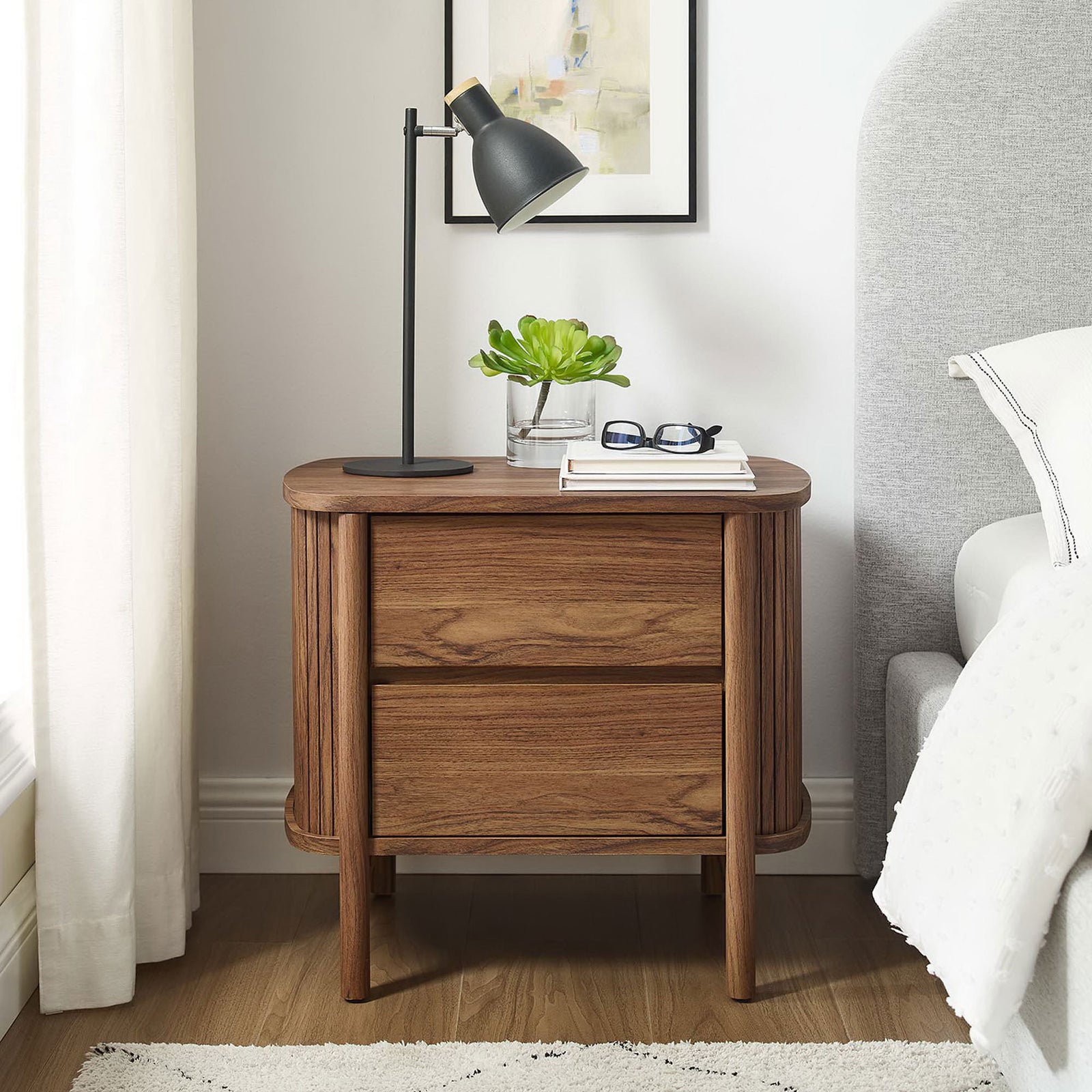 Walnut nightstand styled next to a bed, offering a warm accent and practical bedside storage || MOD-7158-WAL || front_room