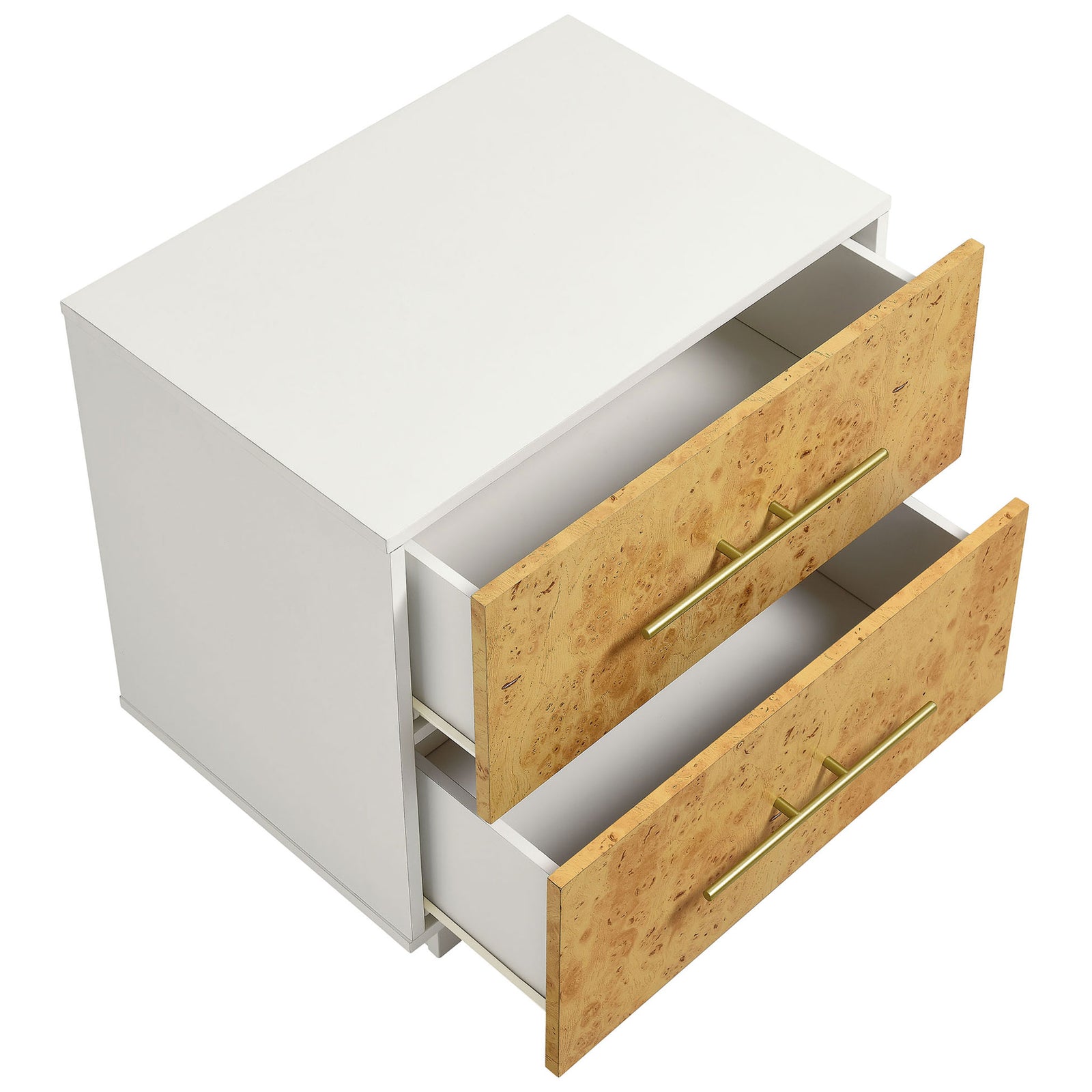 Abel nightstand with both burl wood drawers open, revealing deep storage compartments || MOD-7159-WHI-BUR || top_angle_open_studio