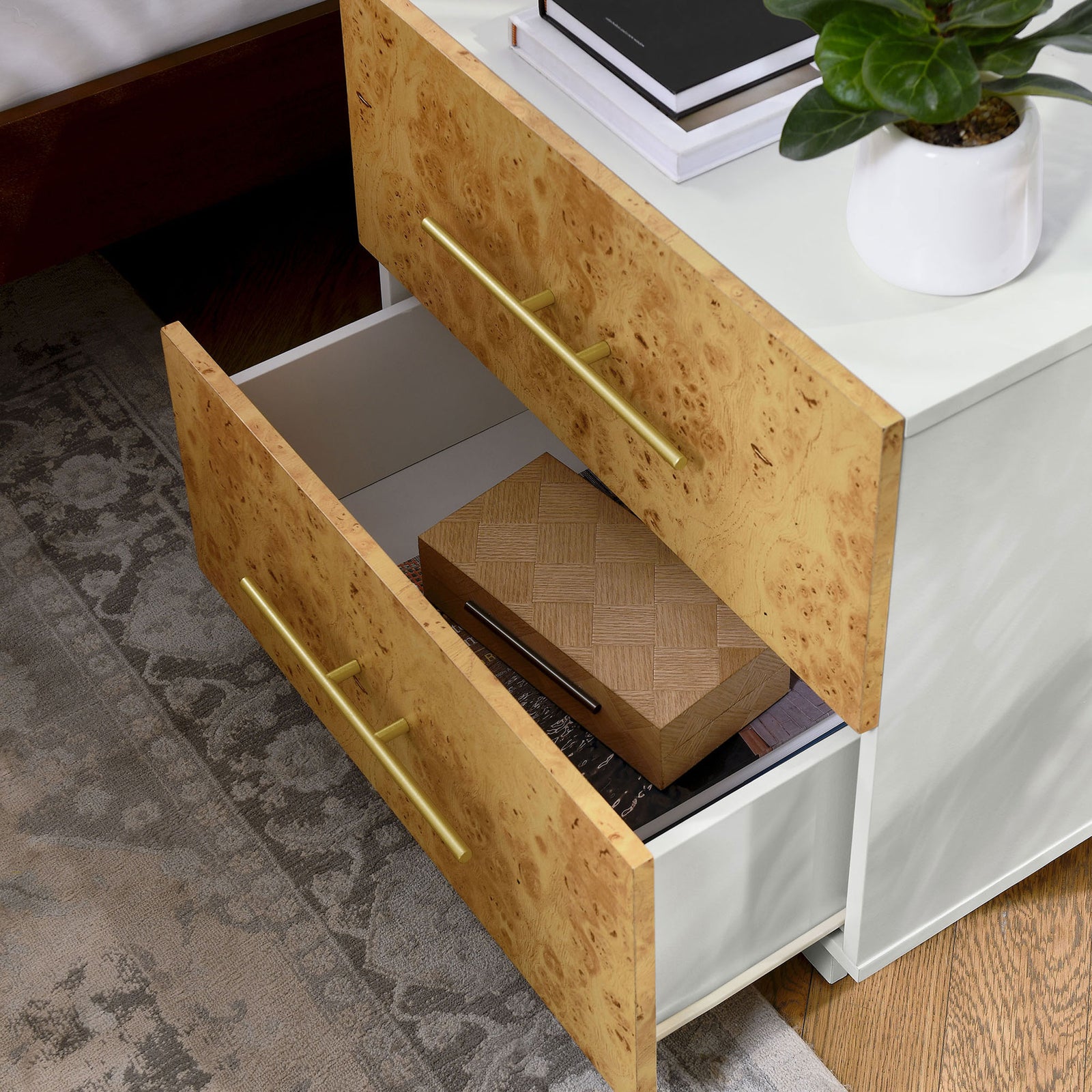 Abel burl wood nightstand beside a bed with both drawers open and styled storage inside || MOD-7159-WHI-BUR || front_angle_open_room