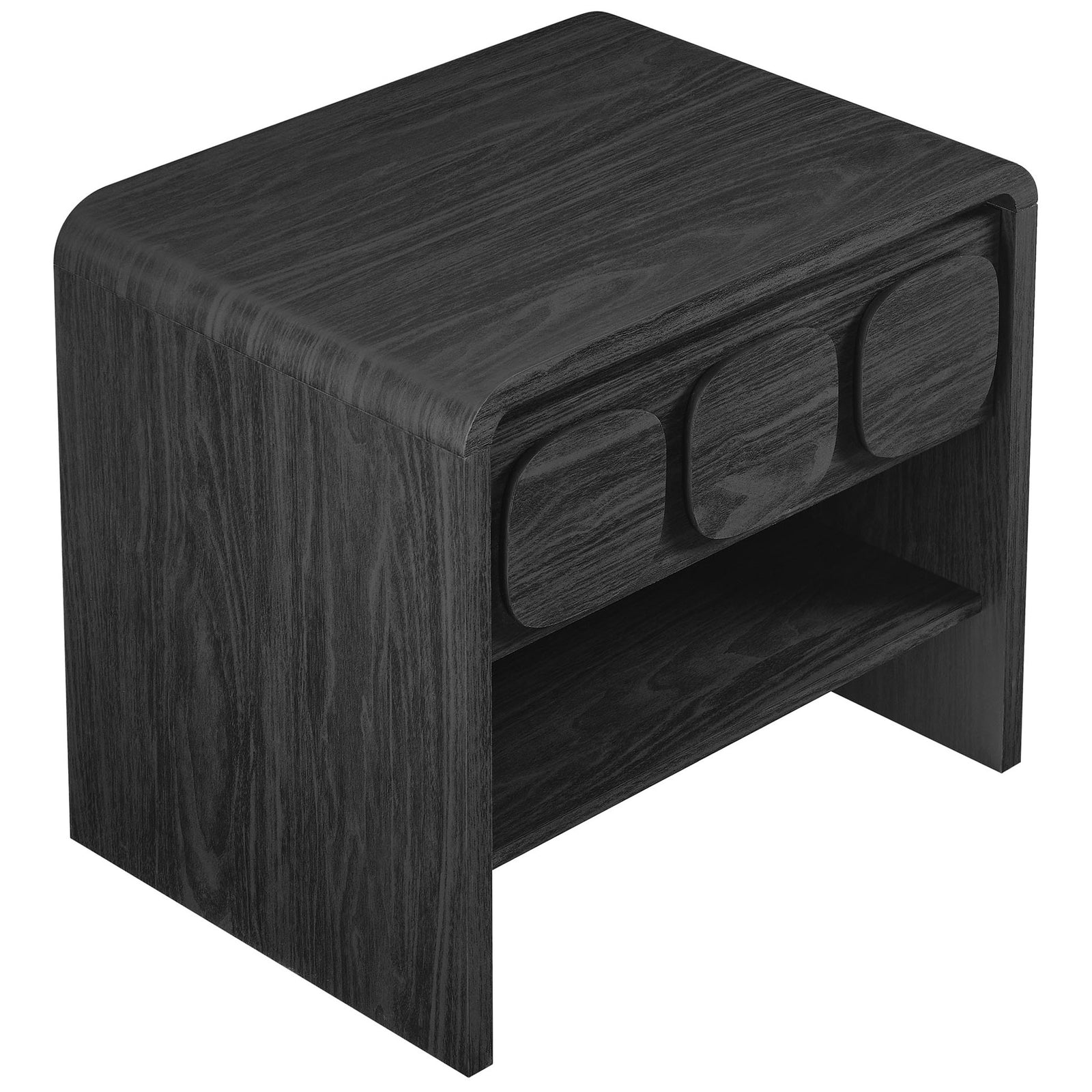 Compact black nightstand showcasing smooth curved corners, rich wood grain texture, and integrated open storage. || MOD-7160-BLK || front_angle_studio
