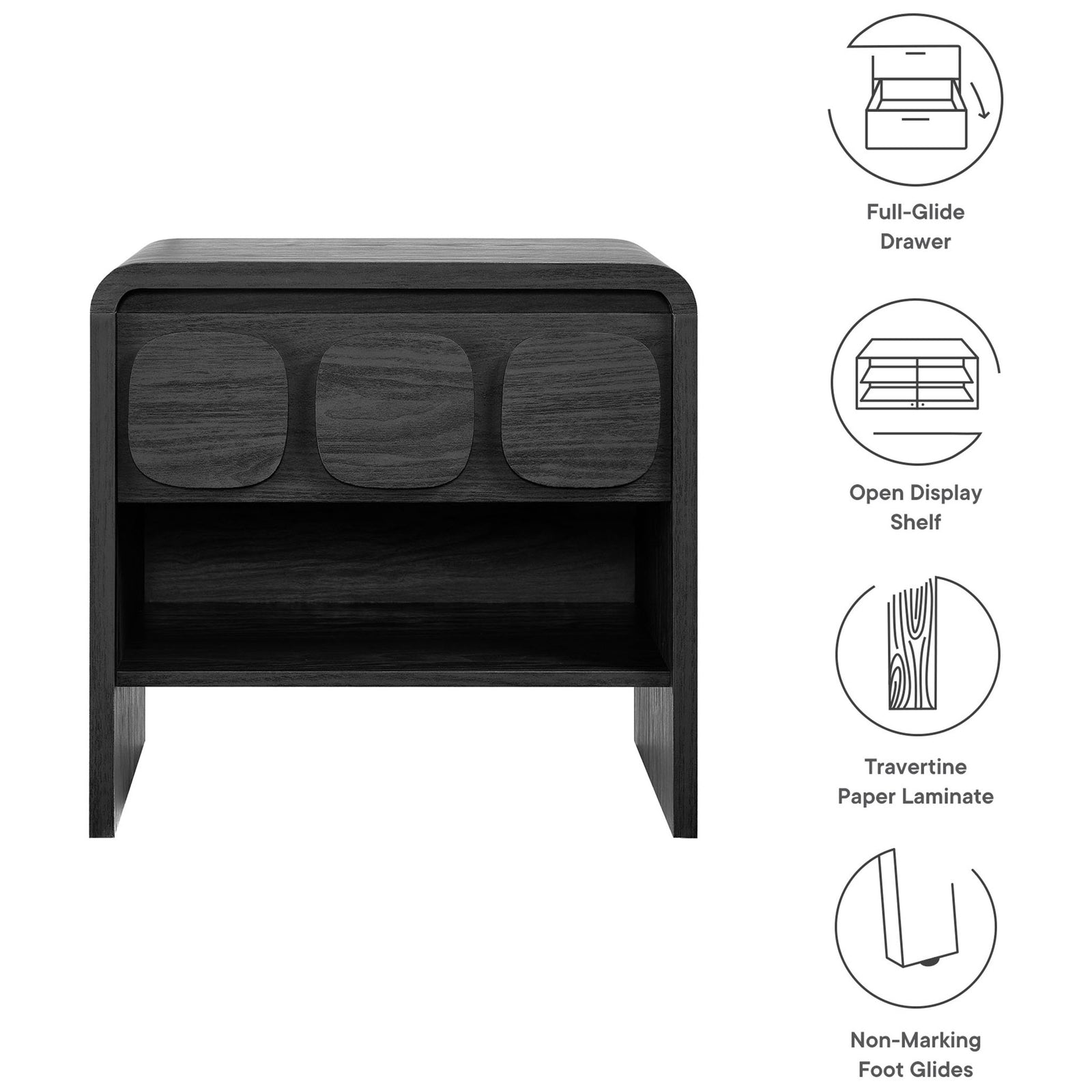Diagram of the black nightstand with icons for full-glide drawer, open shelf, laminate finish, and non-marking glides. || MOD-7160-BLK || callout_studio