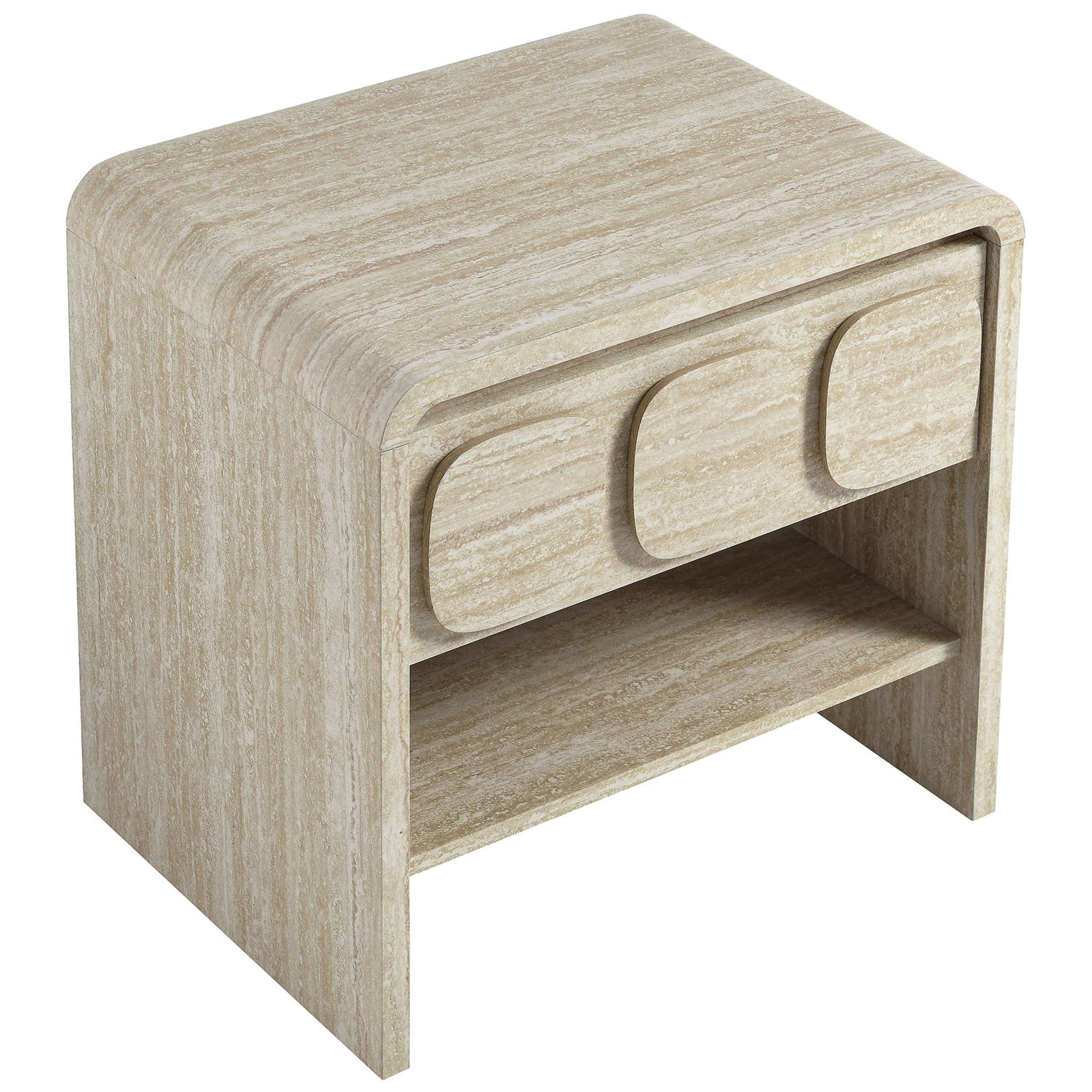 Spacious rectangular tabletop with softly rounded corners and realistic travertine grain for a refined bedside look. || MOD-7160-TRA || front_angle_studio