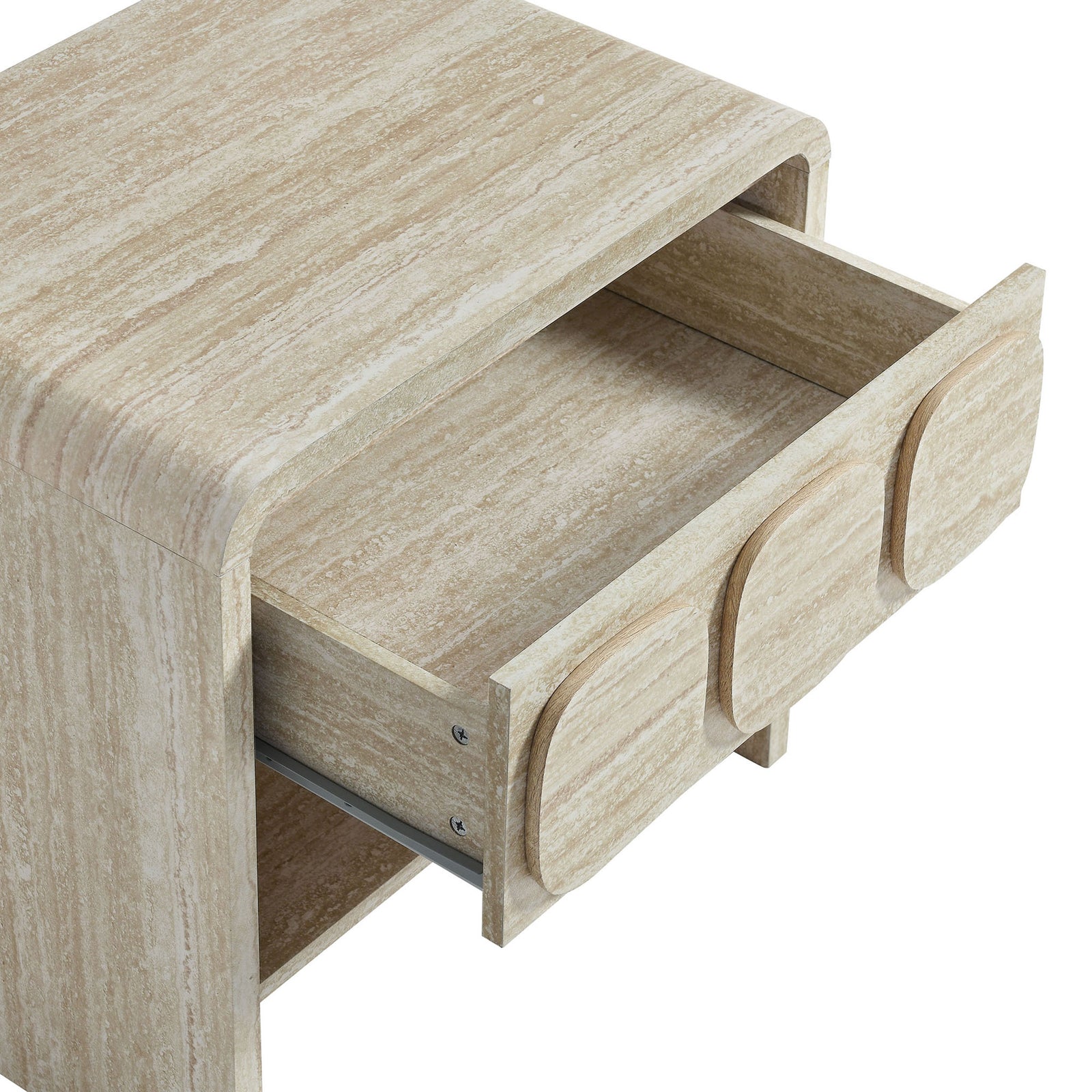 Full-extension drawer glides open to reveal roomy storage, keeping nighttime essentials neatly tucked away. || MOD-7160-TRA || storage_open_studio