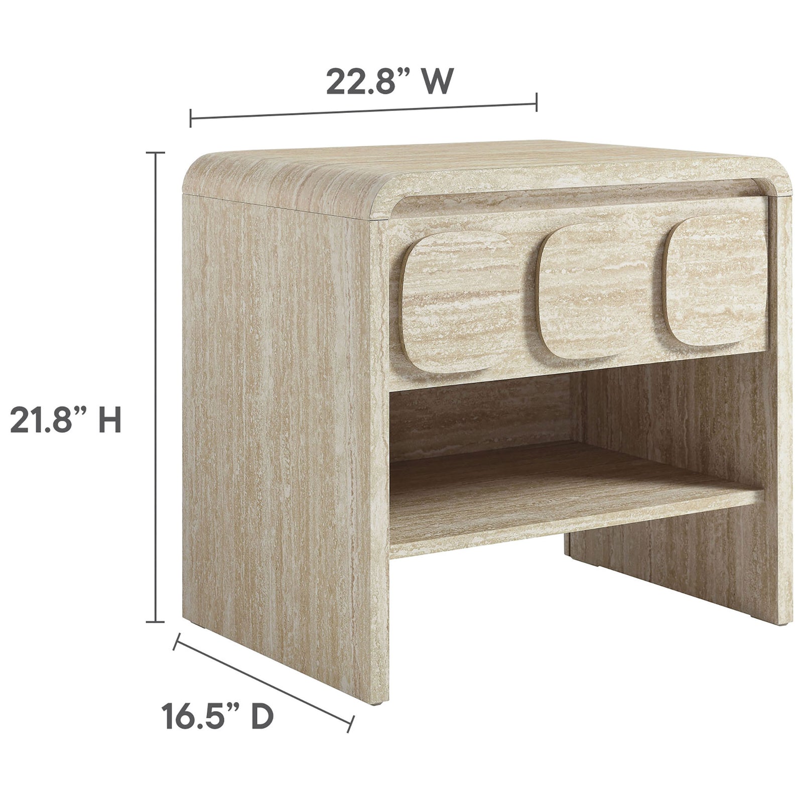 Overall nightstand dimensions called out to show height, width, and depth for easy bedroom space planning. || MOD-7160-TRA || dimension_studio