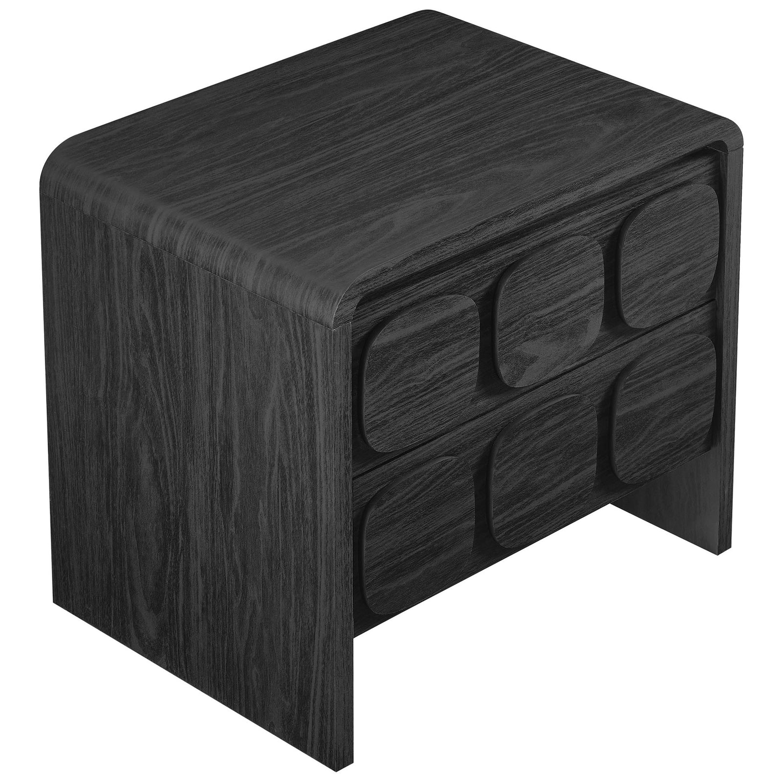 Curved black nightstand emphasizing its smooth edges and layered circular drawer design || MOD-7161-BLK || front_angle_studio