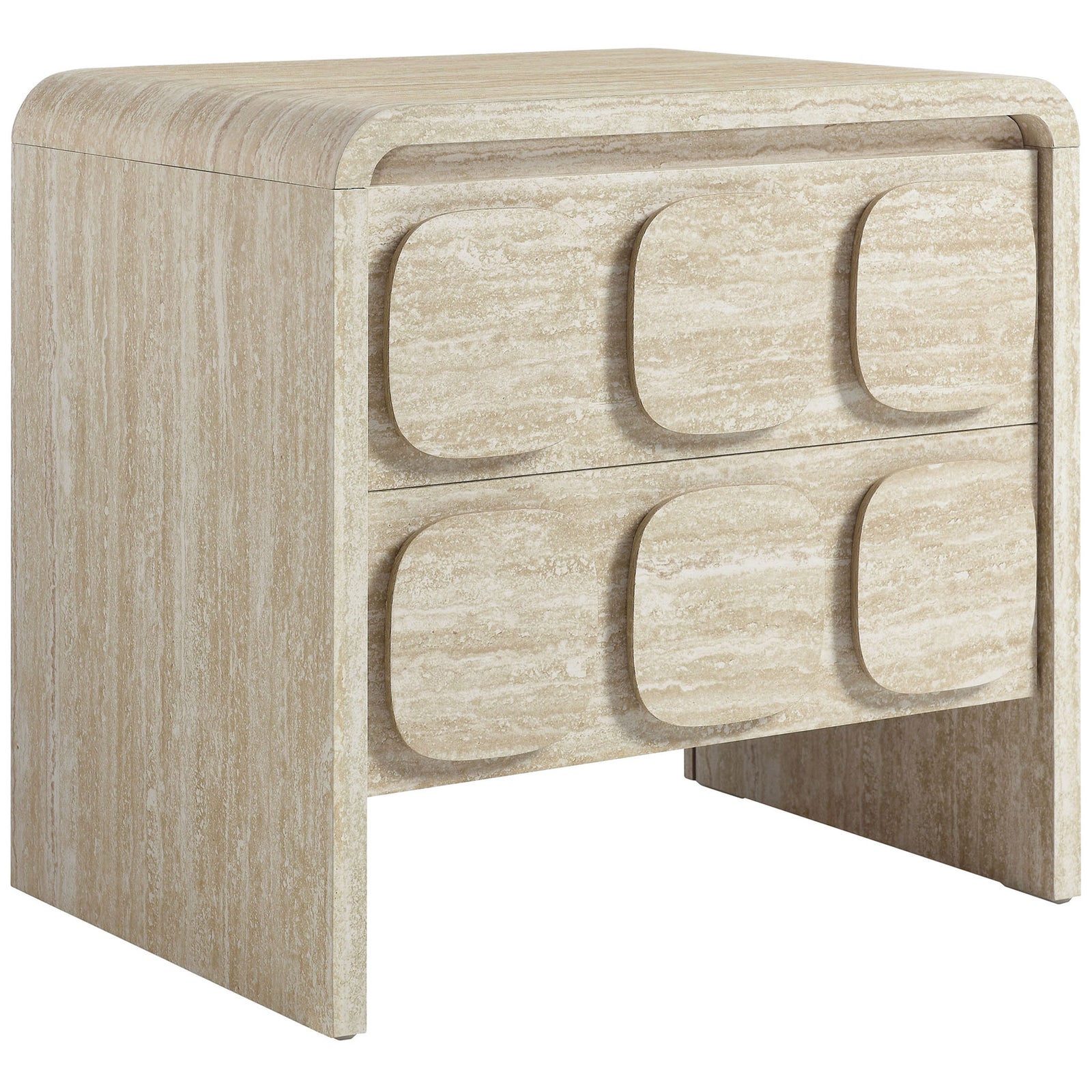 Waterfall-edge travertine-look nightstand with two drawers and rounded corners for a sculptural bedside accent || MOD-7161-TRA || front_angle_studio