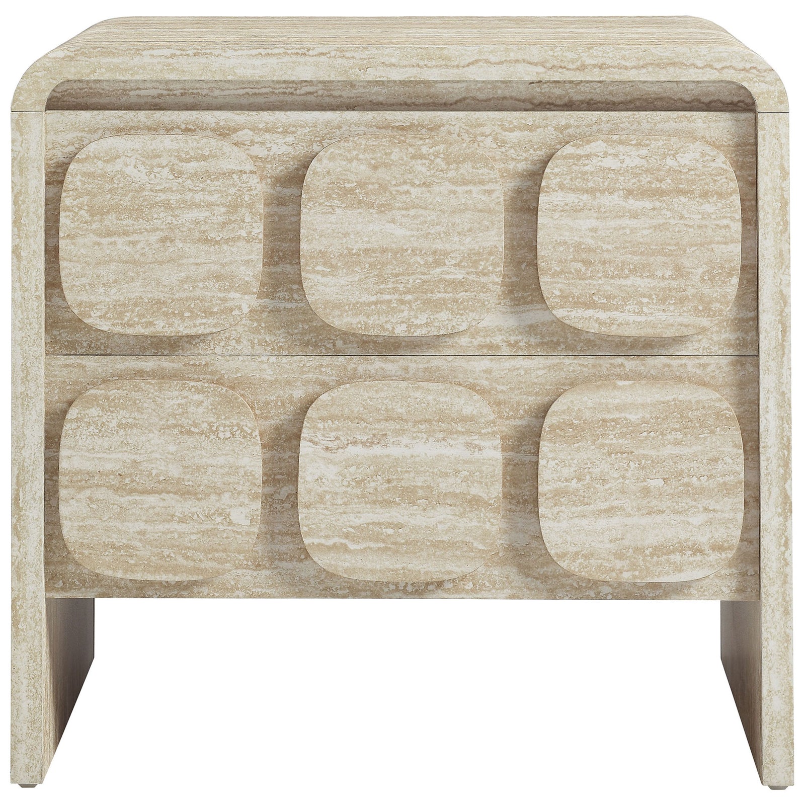 Modern travertine-look 2-drawer nightstand with rounded corners and sculpted geometric drawer fronts || MOD-7161-TRA || front_studio