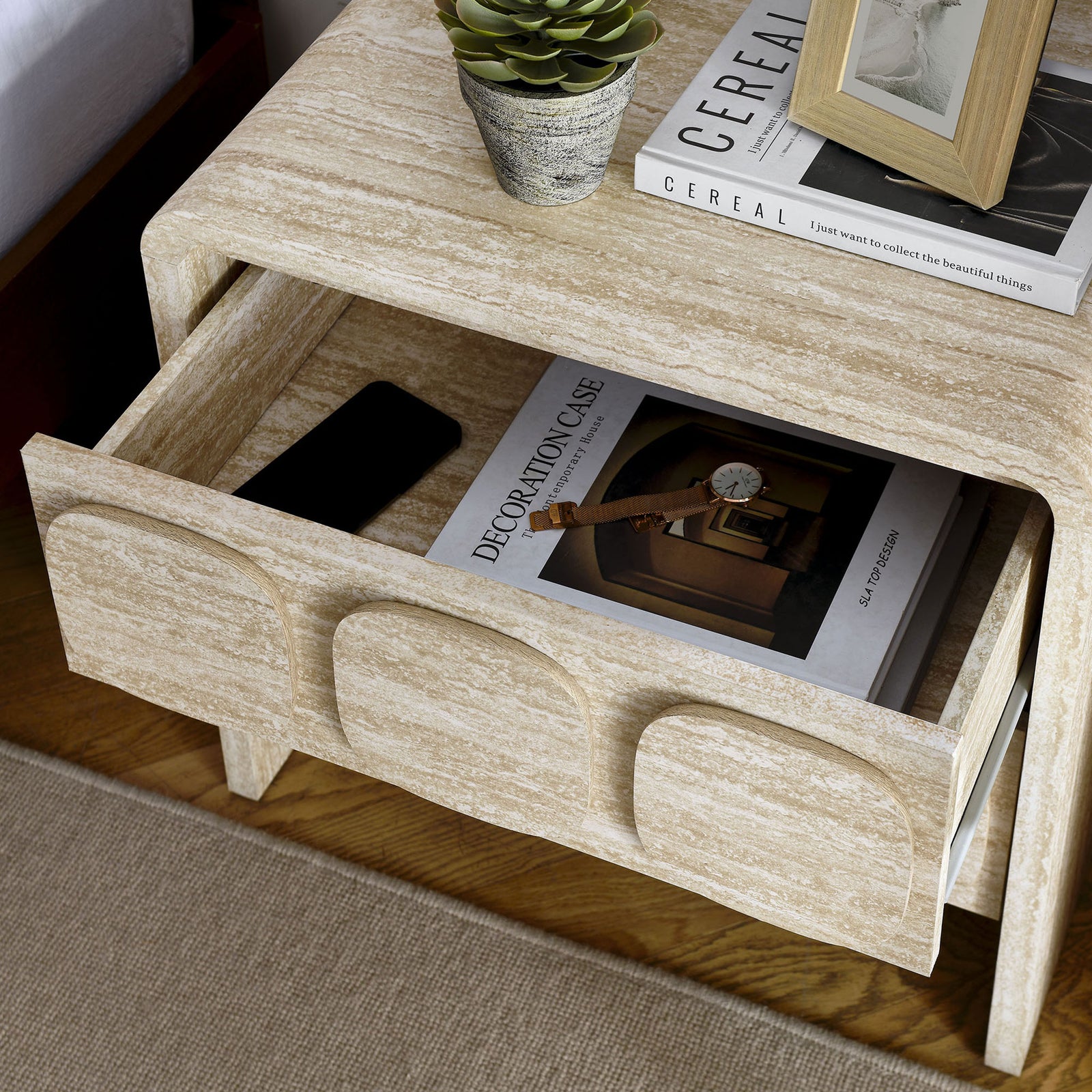Toscana nightstand in bedroom setting with top drawer open to show convenient bedside storage for books and accessories || MOD-7161-TRA || front_angle_open_room