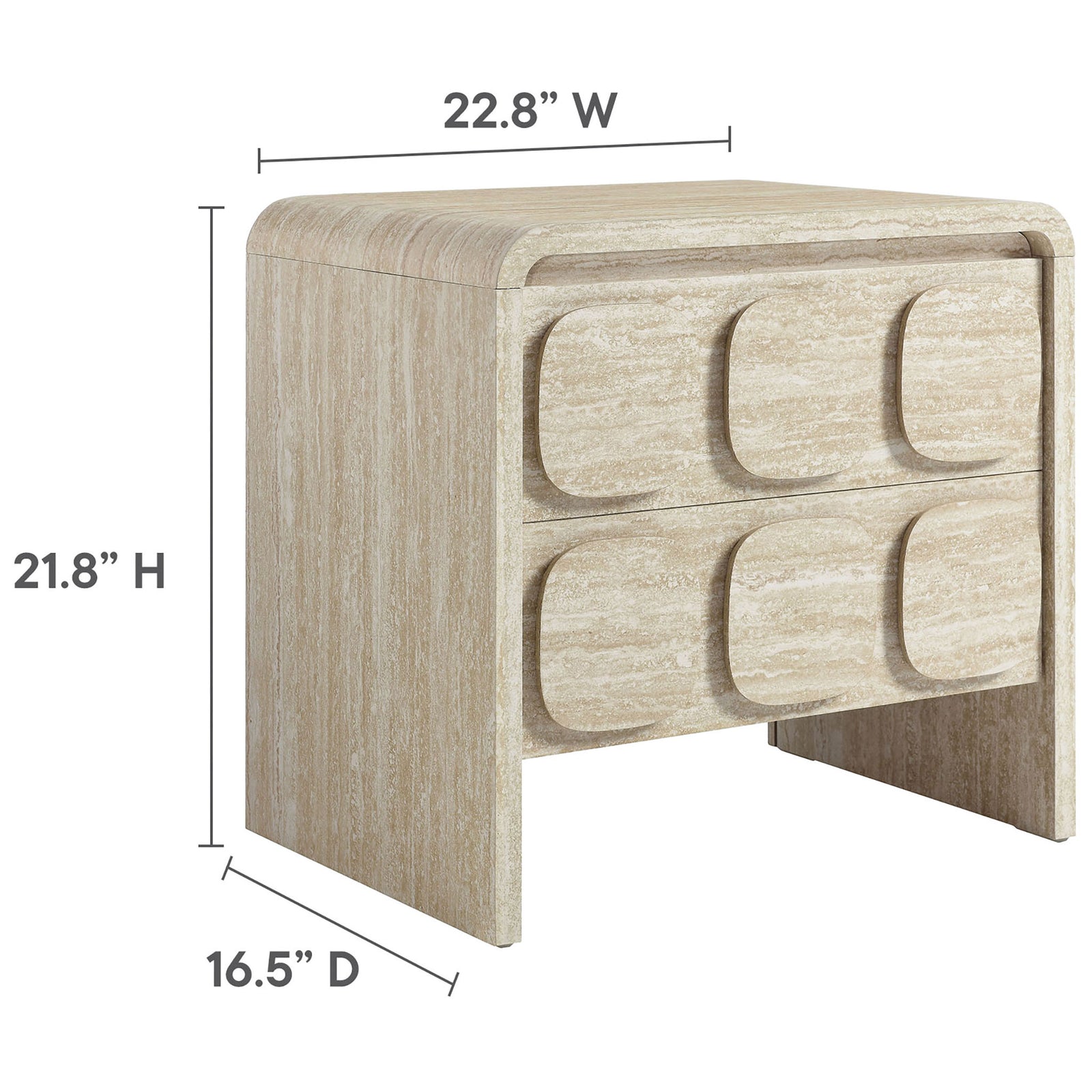 Dimension diagram of Toscana 2-drawer nightstand showing 22.8 inch width, 16.5 inch depth, and 21.8 inch height || MOD-7161-TRA || dimension_studio