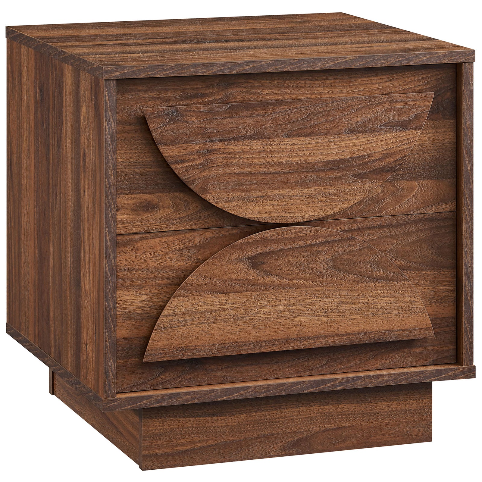 Bulwark walnut nightstand with bold semi-circle drawer fronts and a modern plinth base || MOD-7162-WAL || front_angle_studio