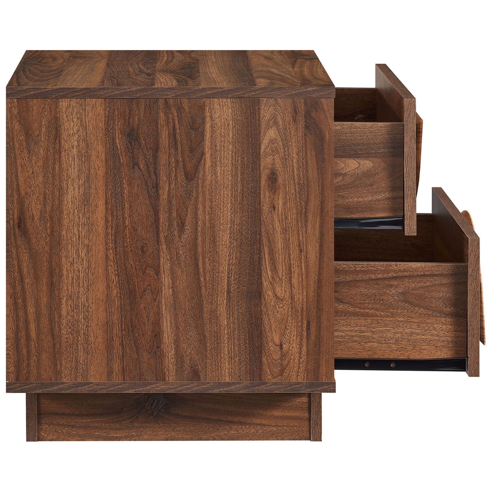 Walnut nightstand drawers smoothly extend to reveal spacious storage and sleek metal glides || MOD-7162-WAL || side_open_studio