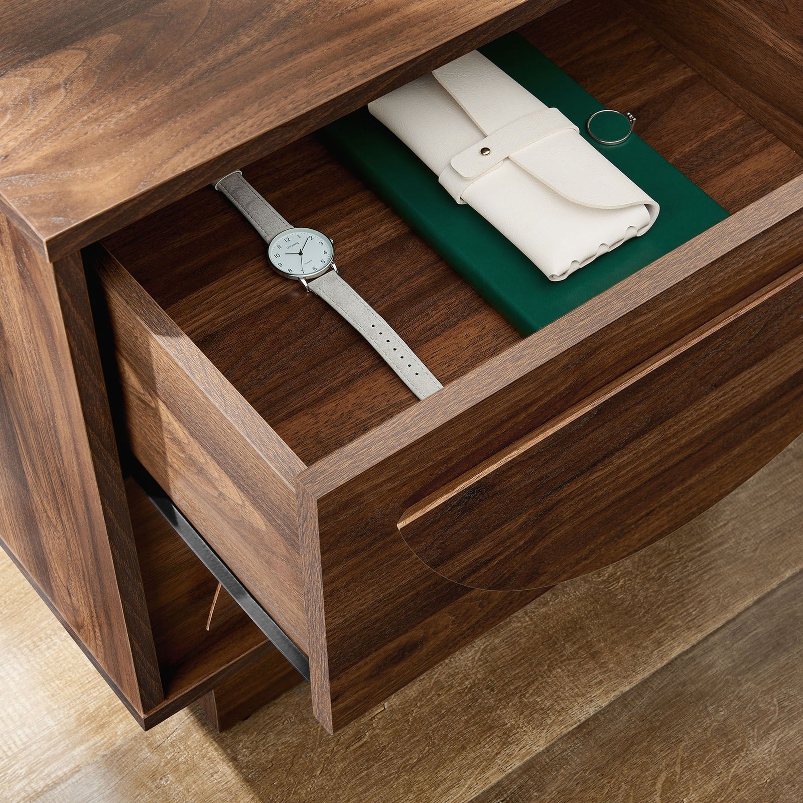 Nightstand drawer used for everyday essentials, showing organized storage on smooth full-extension glides || MOD-7162-WAL || storage_open_room
