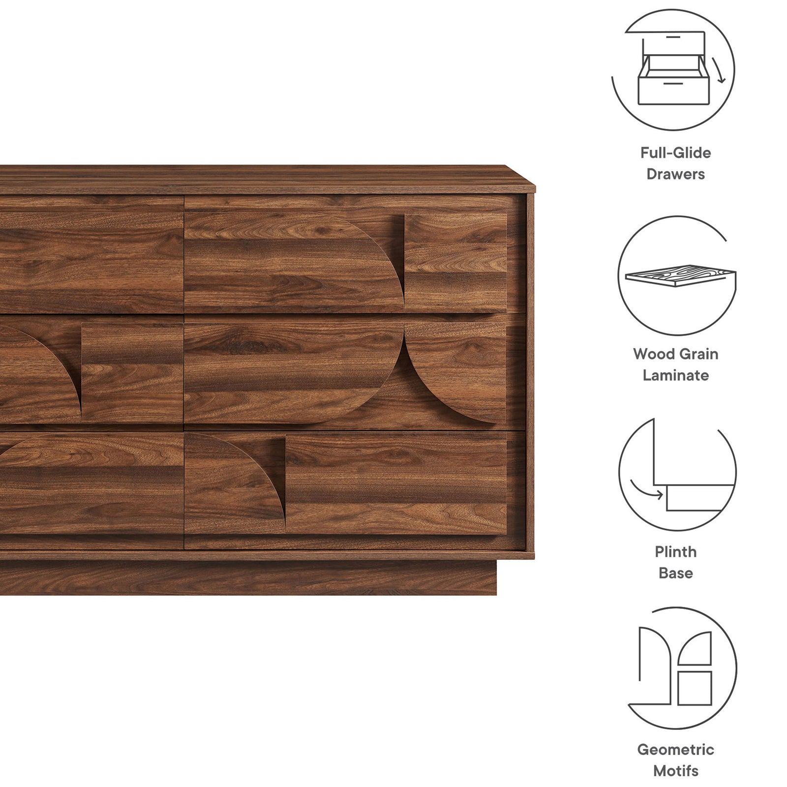 Feature icons highlight the dresser's full-glide drawers, wood grain laminate, plinth base, and geometric motifs || MOD-7163-WAL || callout_studio