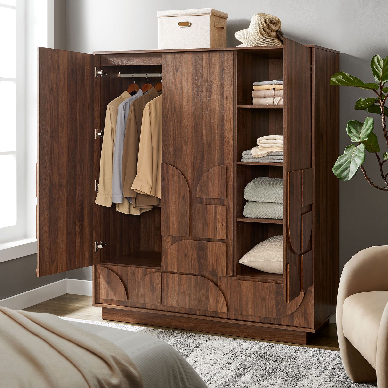 Walnut wardrobe closet open to reveal hanging space, adjustable shelves, and drawers for layered bedroom storage. || MOD-7164-WAL || front_angle_open_room