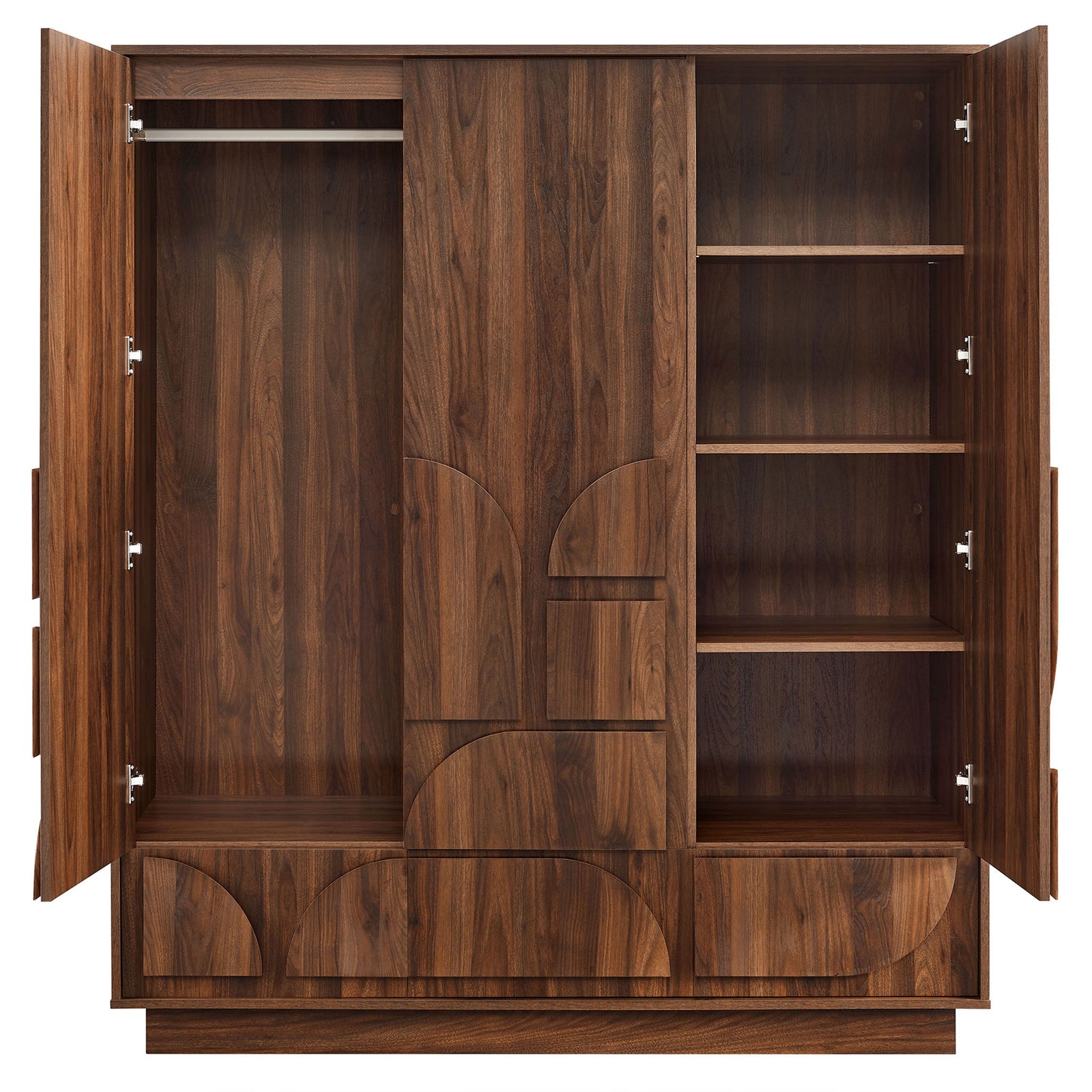 Spacious walnut wardrobe closet with hanging bar, adjustable shelves, and deep lower drawers for versatile storage. || MOD-7164-WAL || front_open_studio