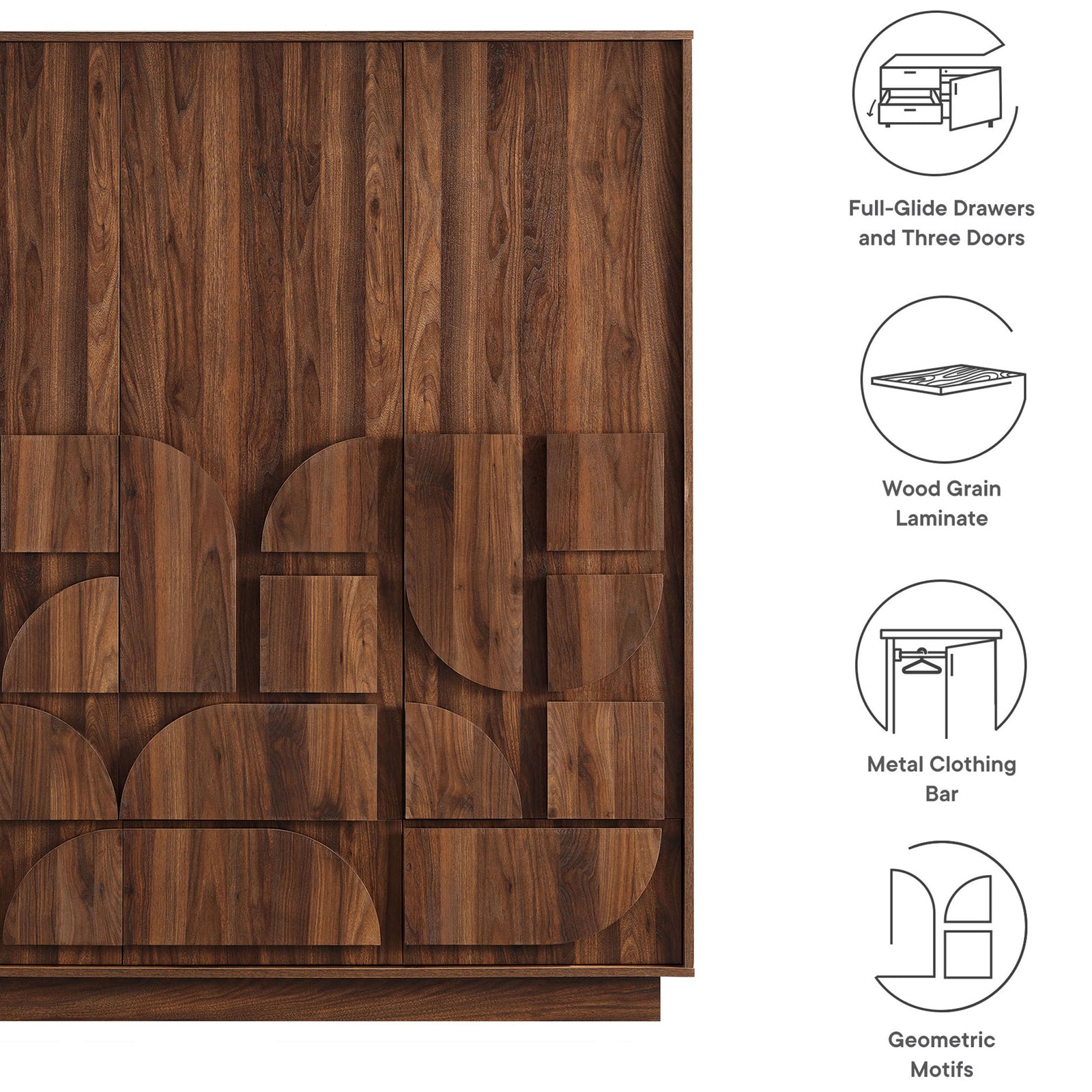 Walnut wardrobe closet with graphic geometric facade alongside icons highlighting key storage features. || MOD-7164-WAL || callout_studio