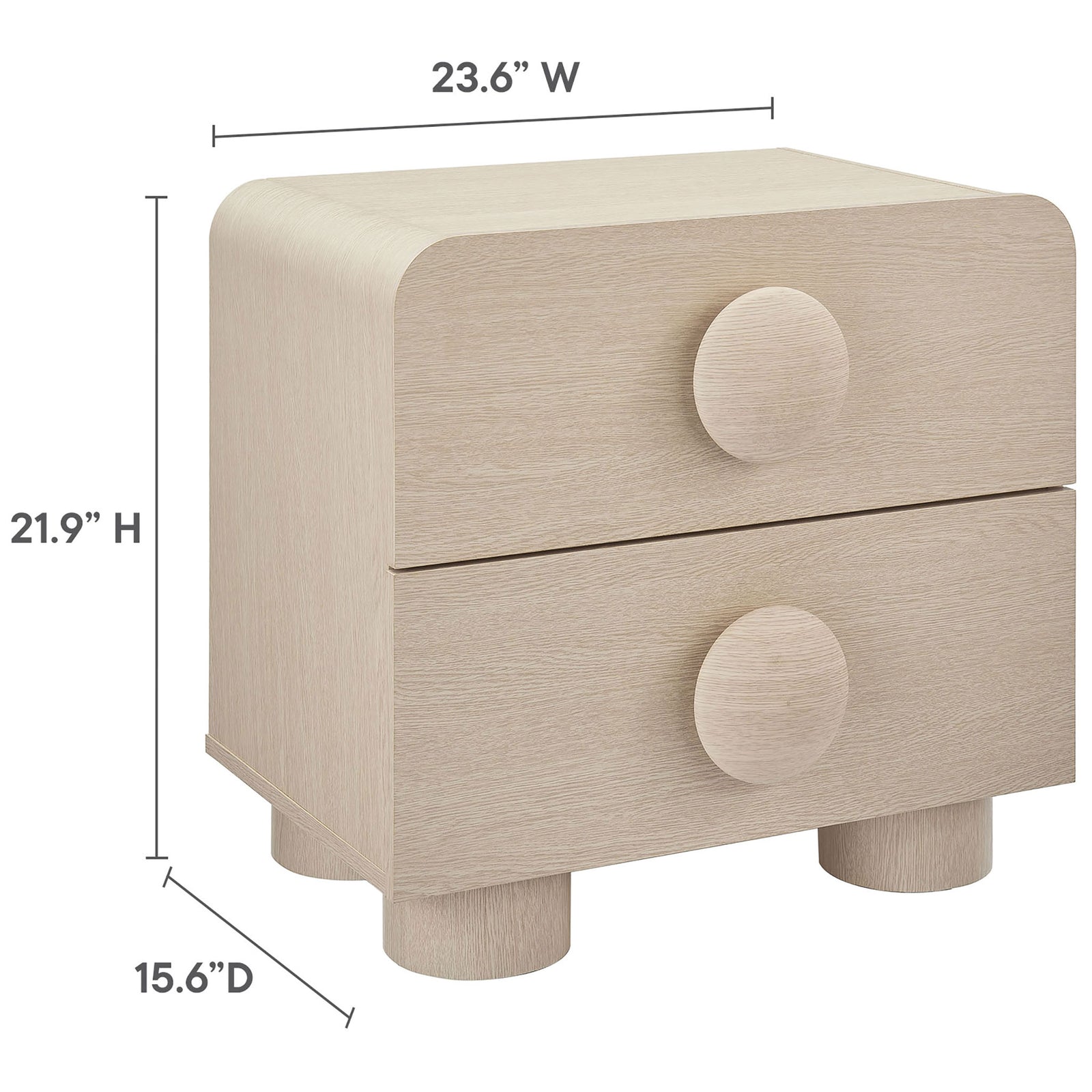Sonnet ash nightstand with 2 drawers and clearly labeled width, height, and depth measurements || MOD-7181-ASH || dimension_studio