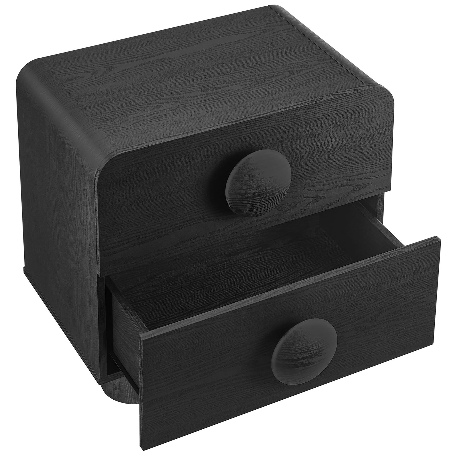 Black nightstand with a lower drawer pulled open, revealing roomy storage for bedside essentials || MOD-7181-BLK || front_angle_open_studio