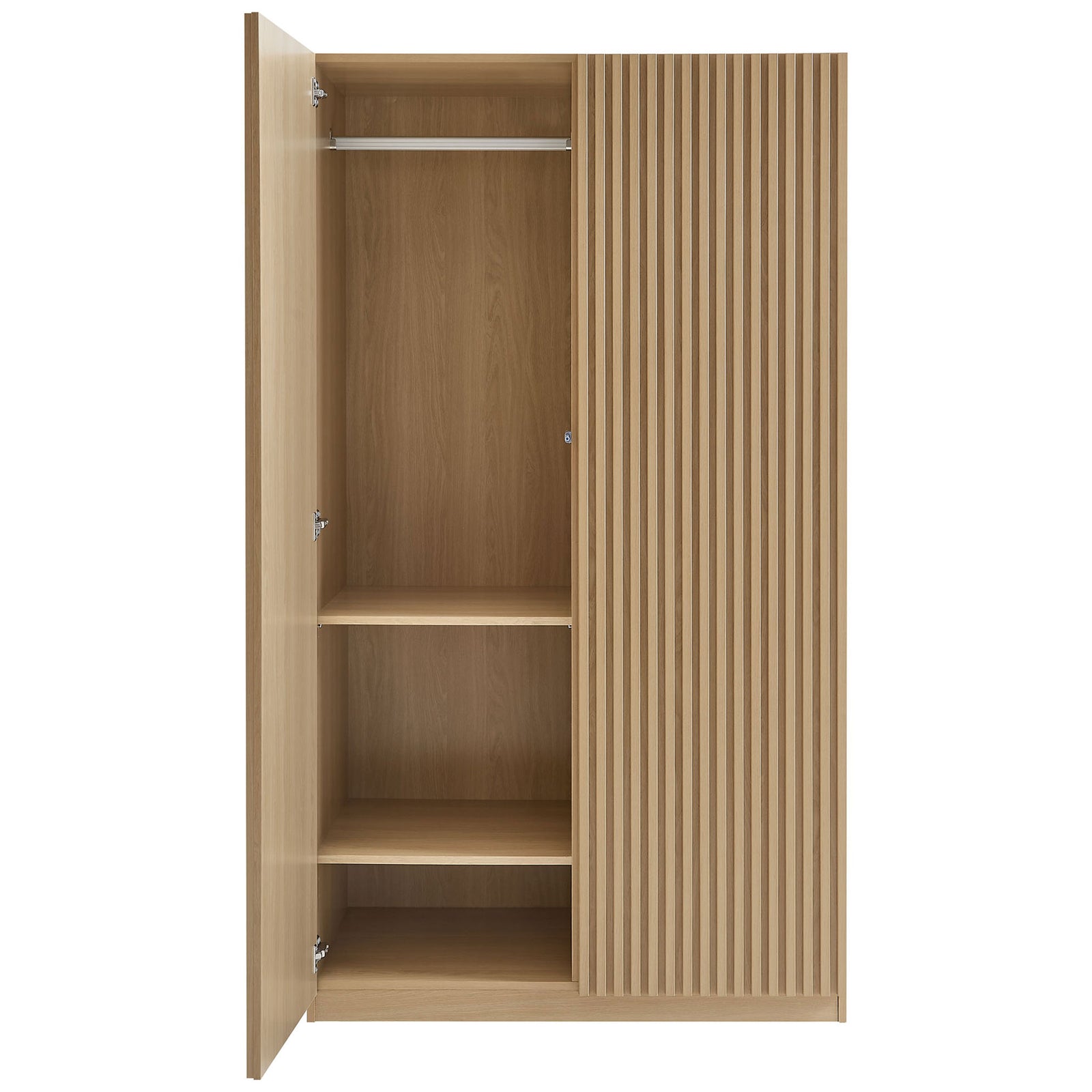 Oak slatted wardrobe showing open interior with hanging bar and adjustable shelving || MOD-7182-OAK || front_open_studio