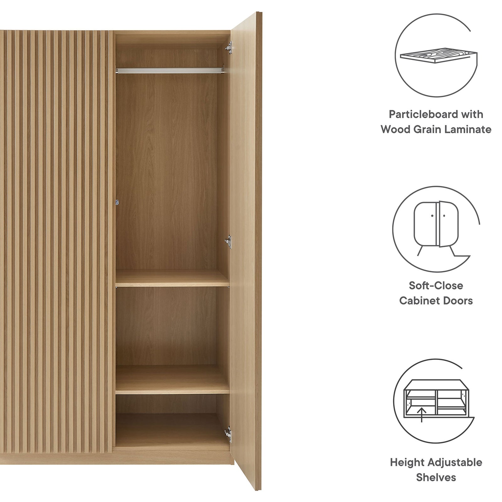 Oak wardrobe with open storage area alongside icons calling out laminate, soft-close, and adjustable shelves || MOD-7182-OAK || callout_studio